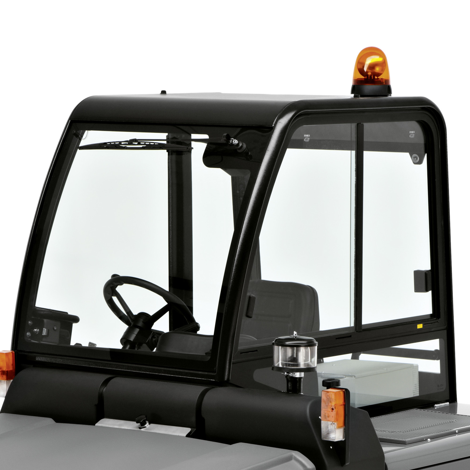 Cab of a vehicle with a steering wheel, clear windows, and an orange warning light on top. Cab of a vehicle with a steering wheel, clear windows, and an orange warning light on top.