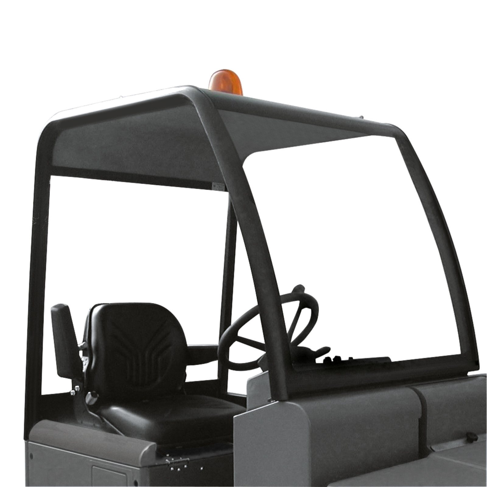 Driver's seat and steering wheel of a Kärcher industrial vehicle, with a protective canopy and orange warning light on top. Driver's seat and steering wheel of a Kärcher industrial vehicle, with a protective canopy and orange warning light on top.