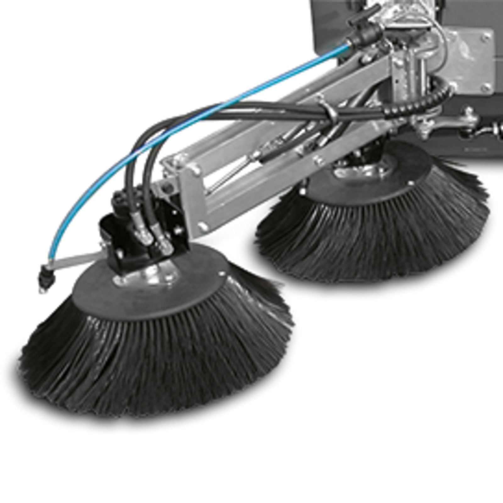 Two circular brushes attached to a Kärcher street sweeper, featuring hydraulic hoses and metal arms. Two circular brushes attached to a Kärcher street sweeper, featuring hydraulic hoses and metal arms.