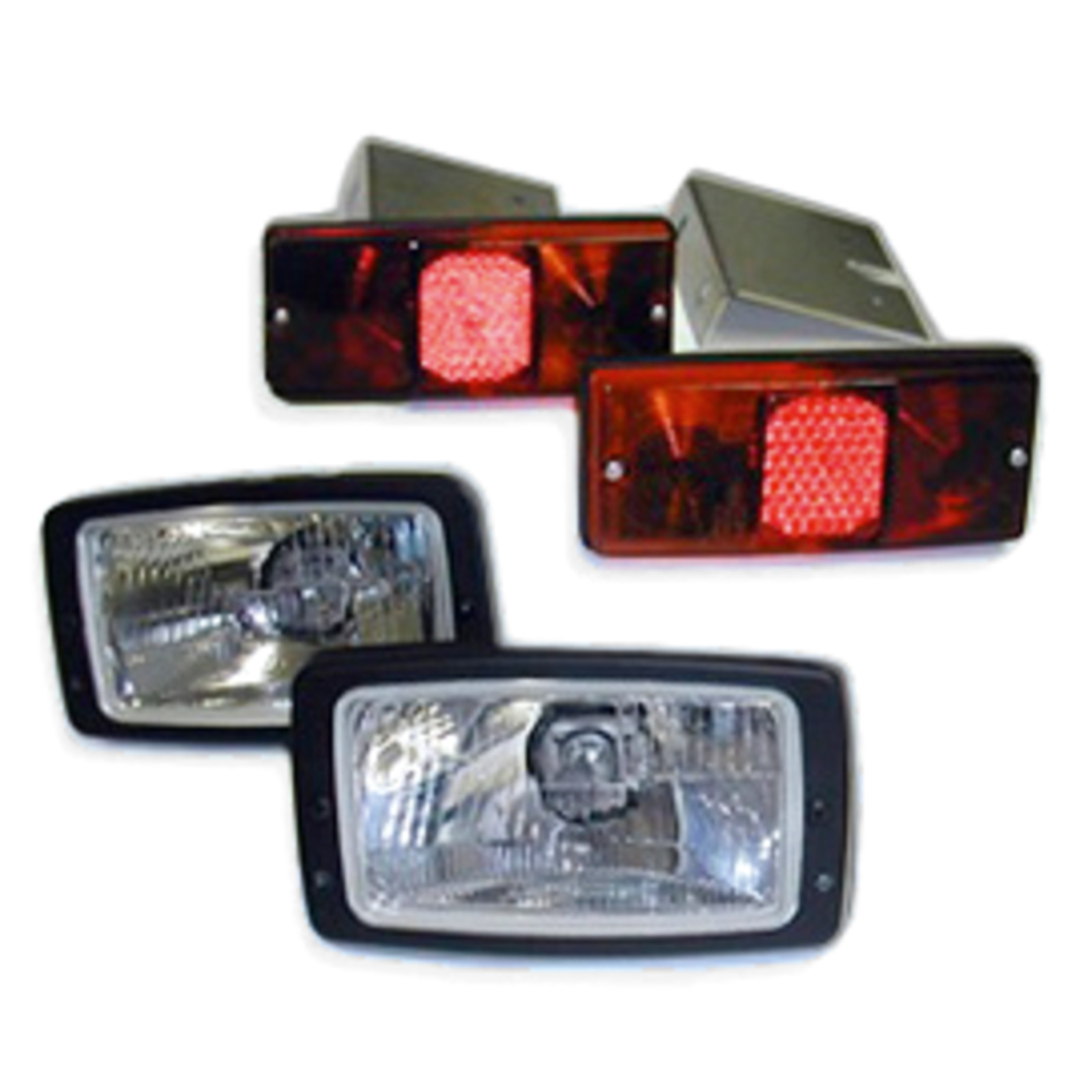 Four rectangular vehicle lights, two red with reflectors and two clear with bulbs, arranged in pairs.