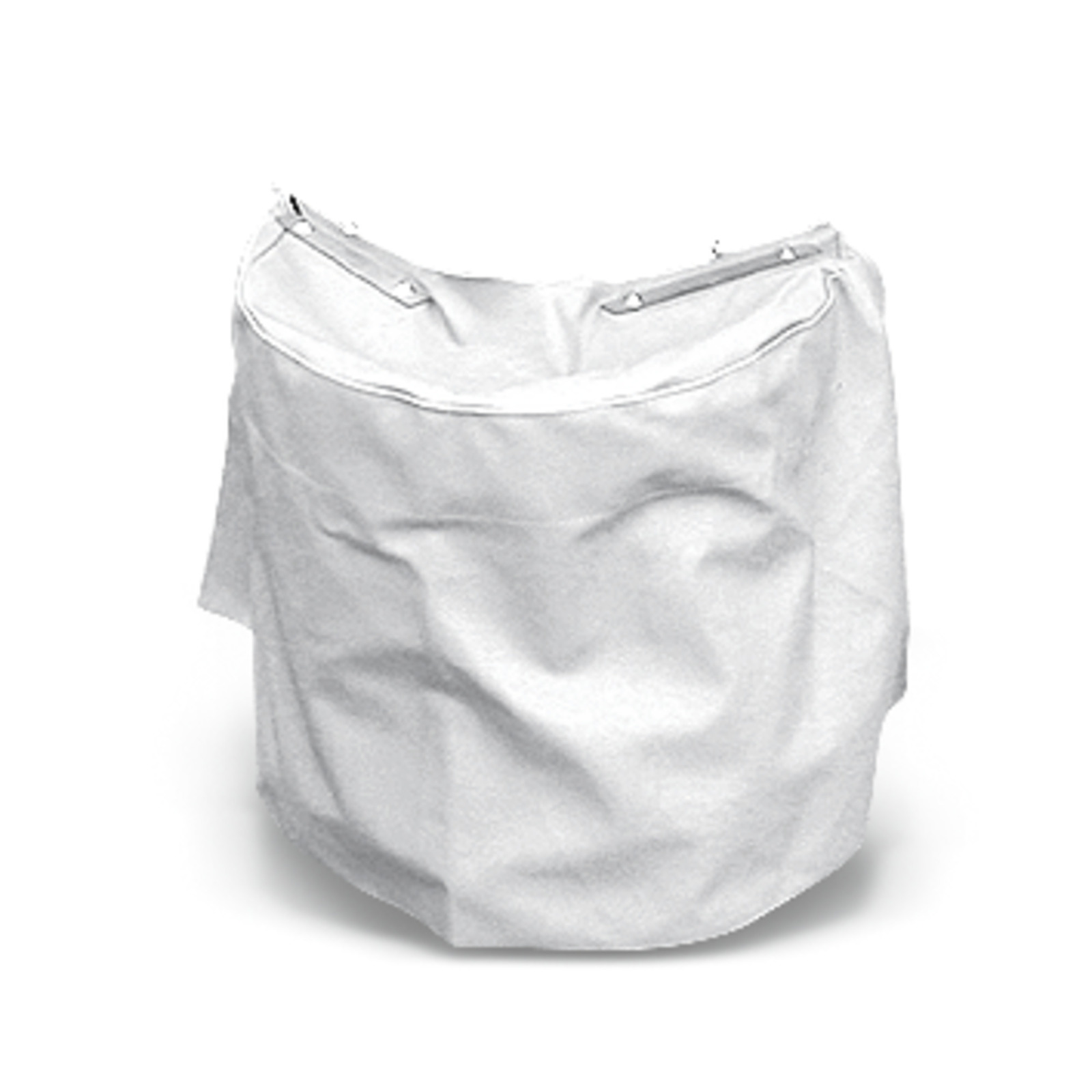 White fabric dust bag with metal clips on top, slightly crumpled, against a plain white background. White fabric dust bag with metal clips on top, slightly crumpled, against a plain white background.