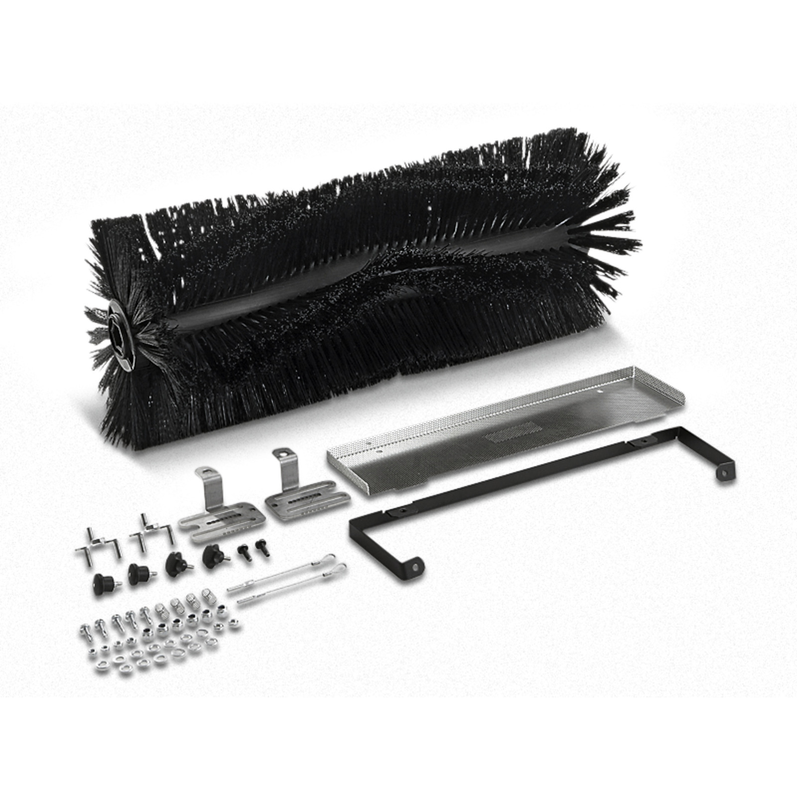Black cylindrical brush with metal frame and various screws and brackets arranged on a white surface. Black cylindrical brush with metal frame and various screws and brackets arranged on a white surface.