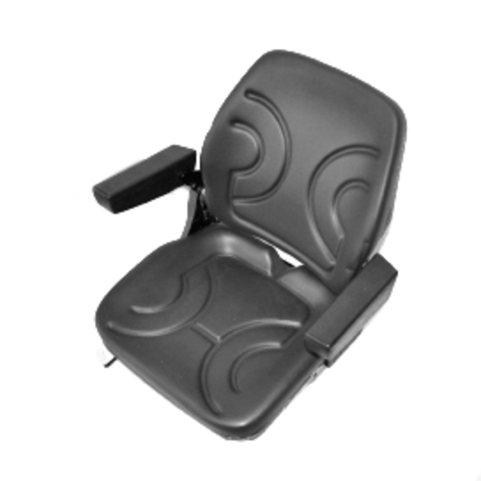 Black ergonomic chair seat with curved patterns and adjustable armrests, viewed from above.