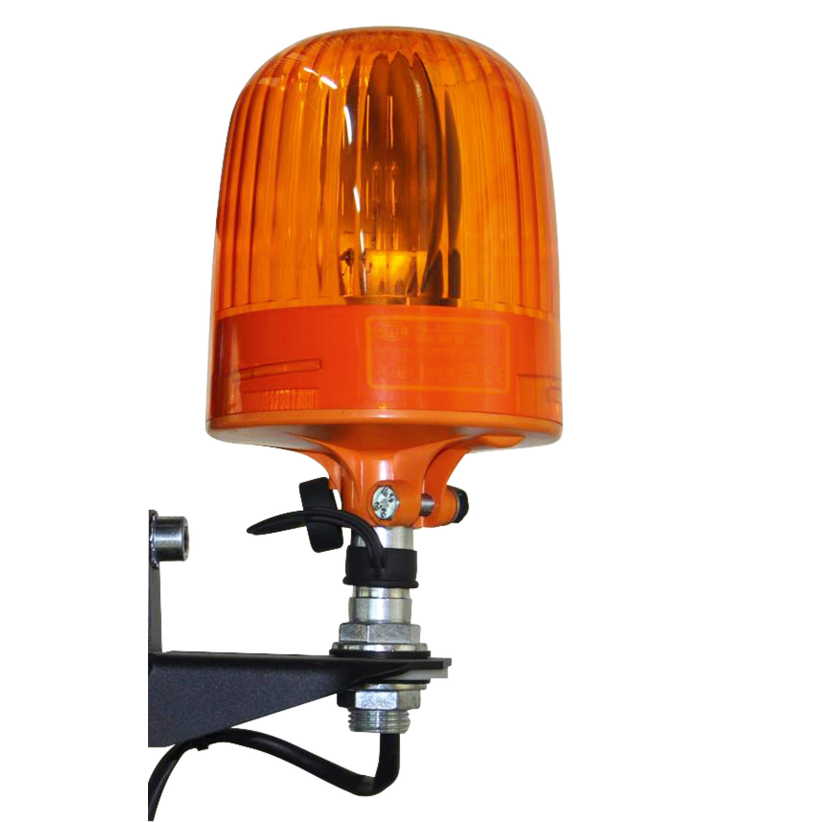 Orange rotating beacon light mounted on a black bracket, featuring a clear dome and visible internal bulb. Orange rotating beacon light mounted on a black bracket, featuring a clear dome and visible internal bulb.
