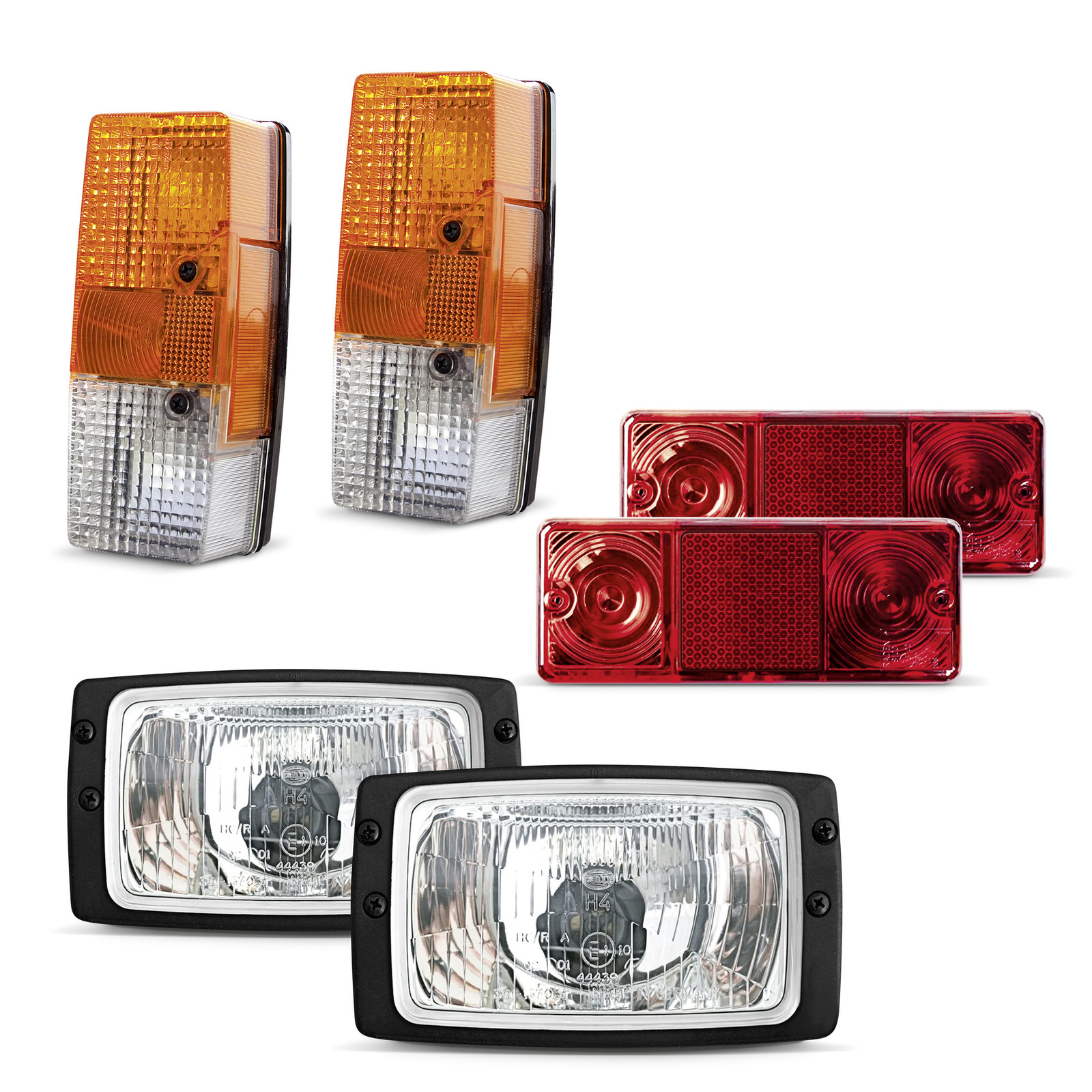 Various vehicle lights including two amber and white indicators, two red tail lights, and two rectangular headlights.