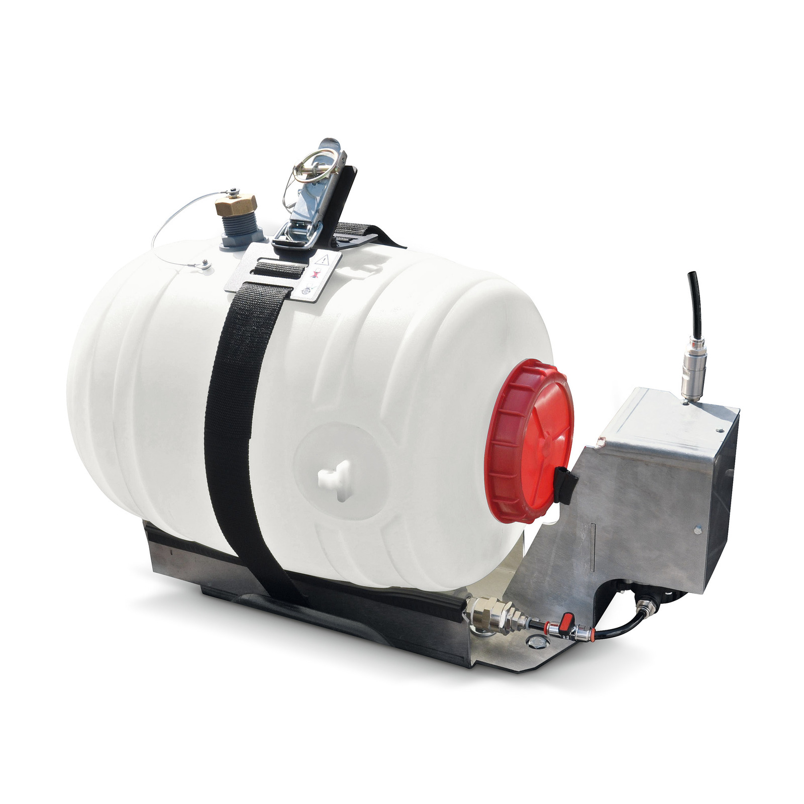 White cylindrical tank with red cap, secured by a black strap, attached to a metal base with a cable connection.