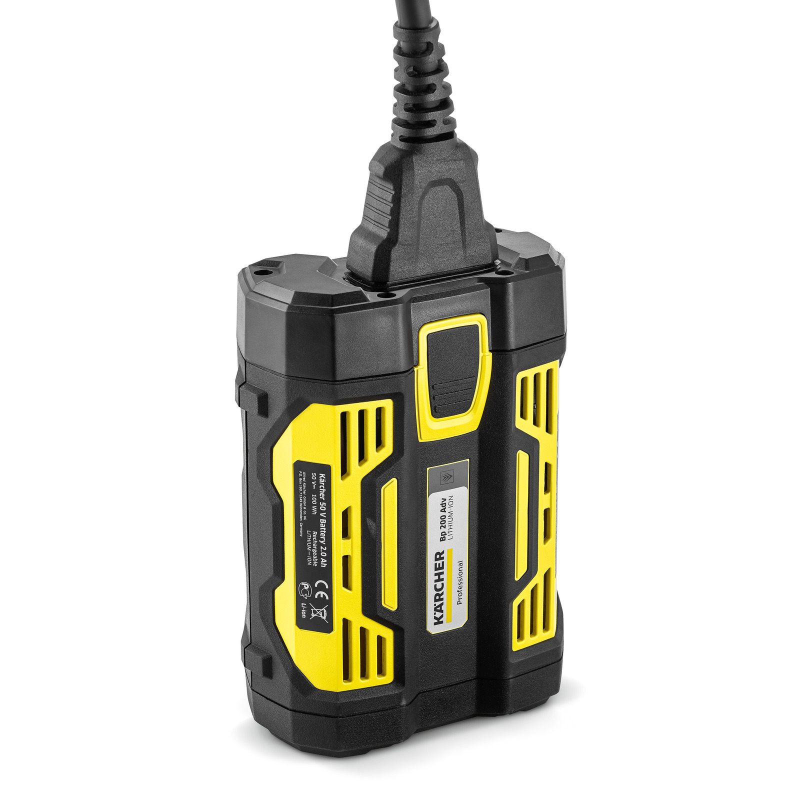 Kärcher 50V battery pack with yellow accents and a black power cable connected at the top.