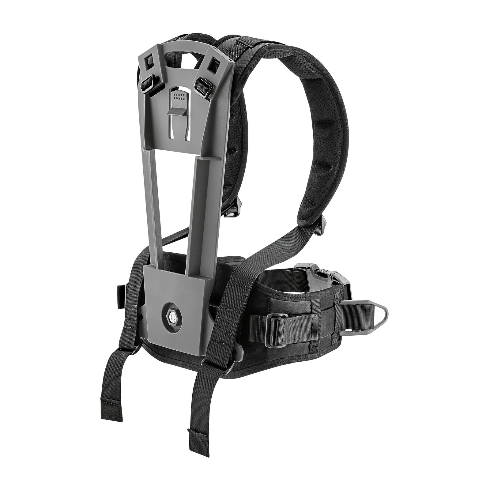Black harness with adjustable straps and a grey plastic frame for mounting equipment. Black harness with adjustable straps and a grey plastic frame for mounting equipment.