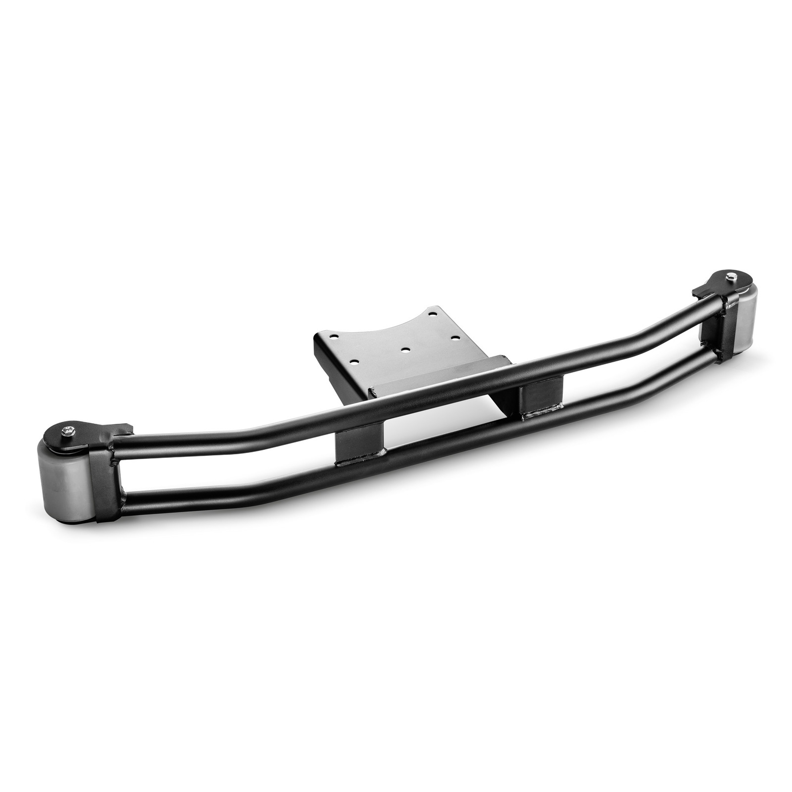 Black metal bumper bar with mounting plate, featuring cylindrical ends and a curved design, isolated on a white background. Black metal bumper bar with mounting plate, featuring cylindrical ends and a curved design, isolated on a white background.