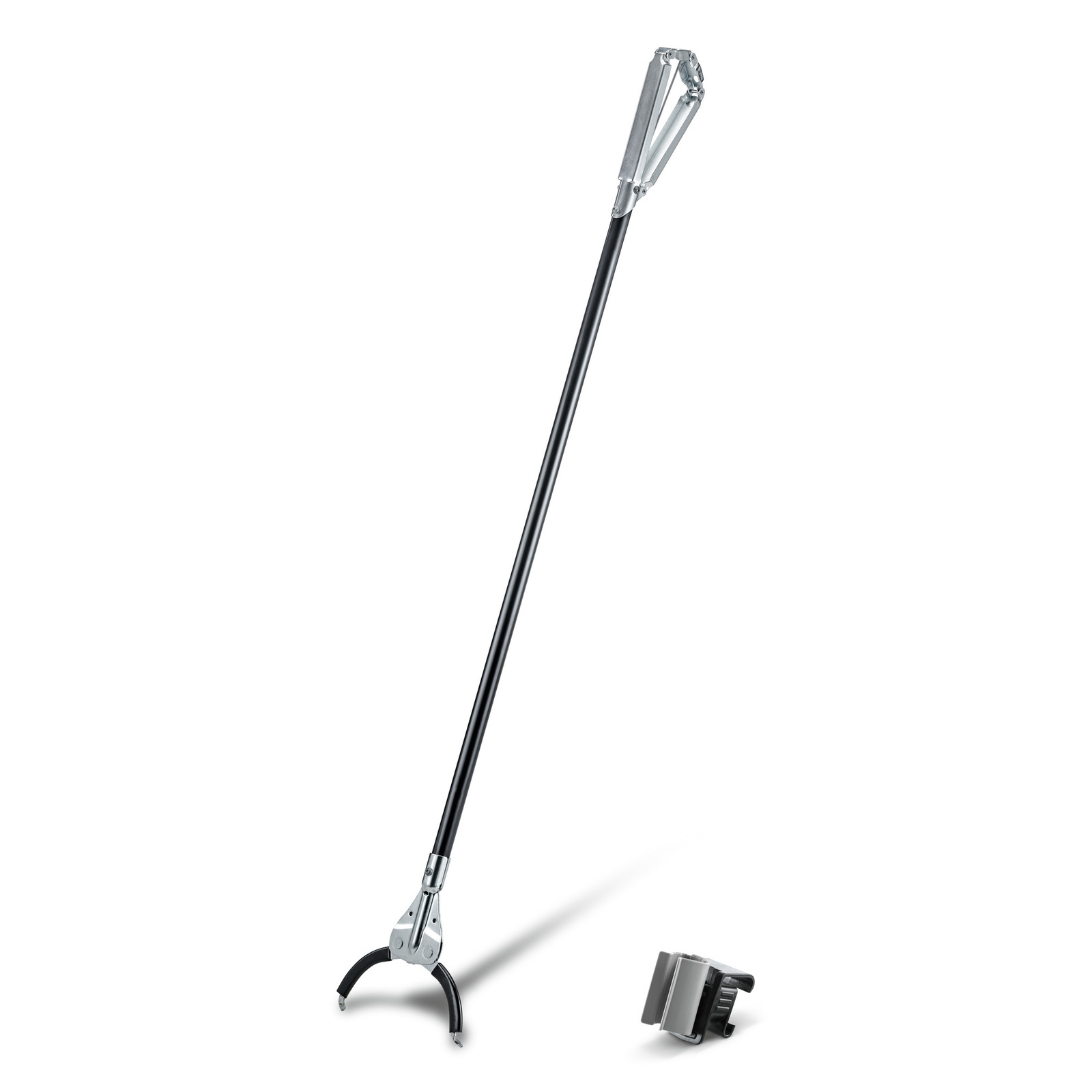 Long-handled litter picker with black shaft and metal grabber, accompanied by a grey clip attachment.