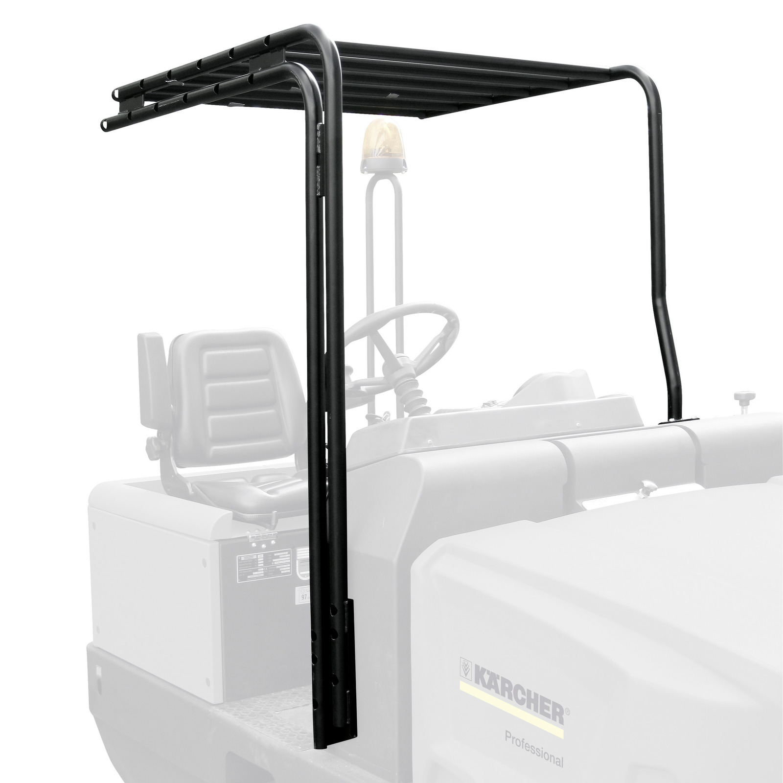 Black roll bar frame on a Kärcher industrial vehicle, with a visible seat and steering wheel. Black roll bar frame on a Kärcher industrial vehicle, with a visible seat and steering wheel.