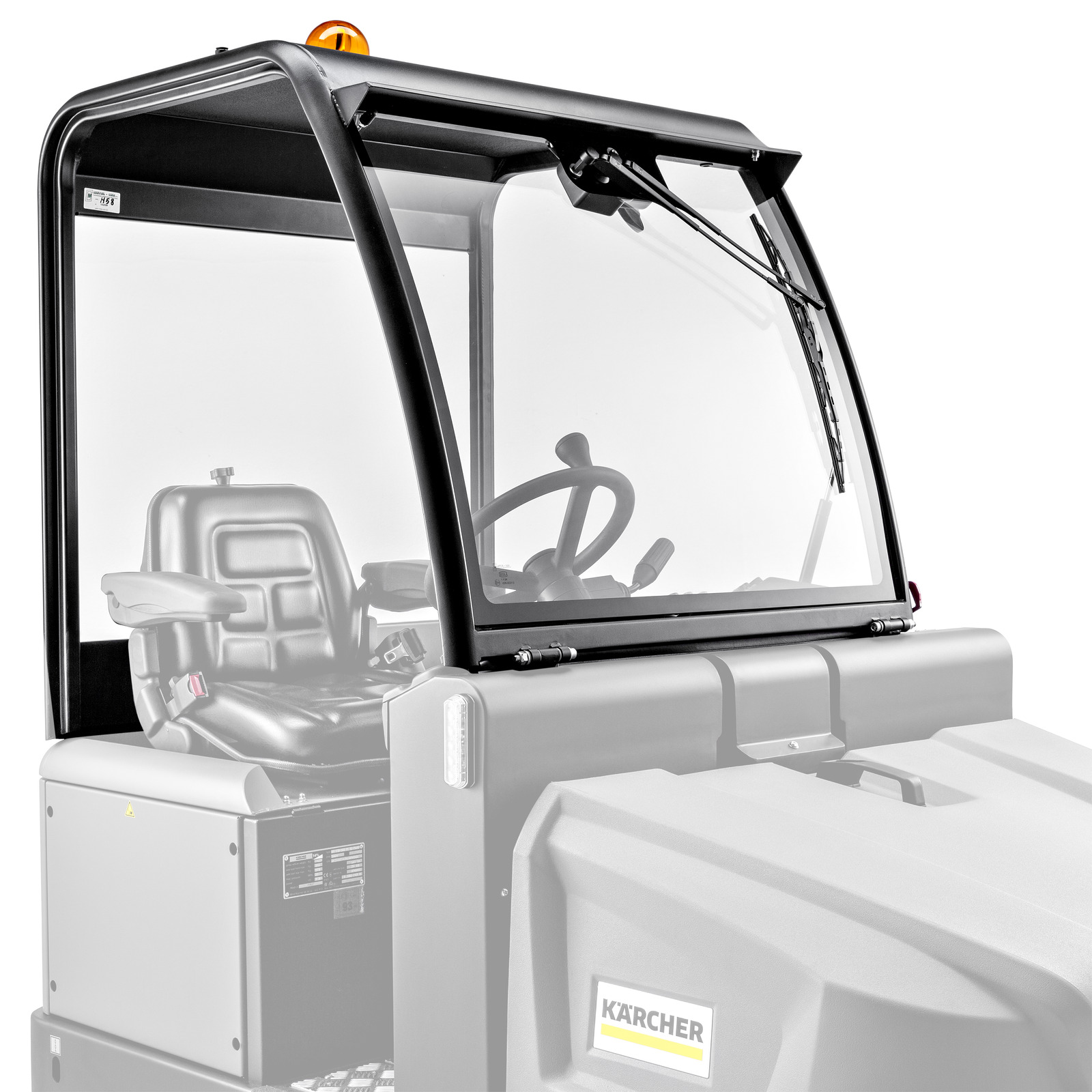 Kärcher industrial vehicle cab with steering wheel, black seat, and orange light on top.