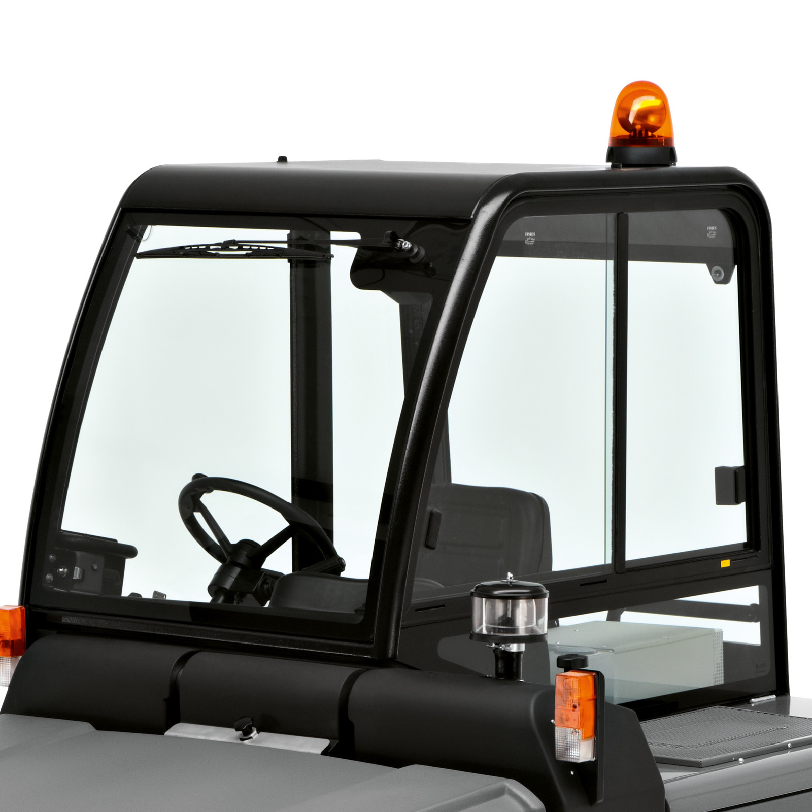 Cab of a vehicle with a steering wheel, clear windows, and an orange warning light on top. Cab of a vehicle with a steering wheel, clear windows, and an orange warning light on top.