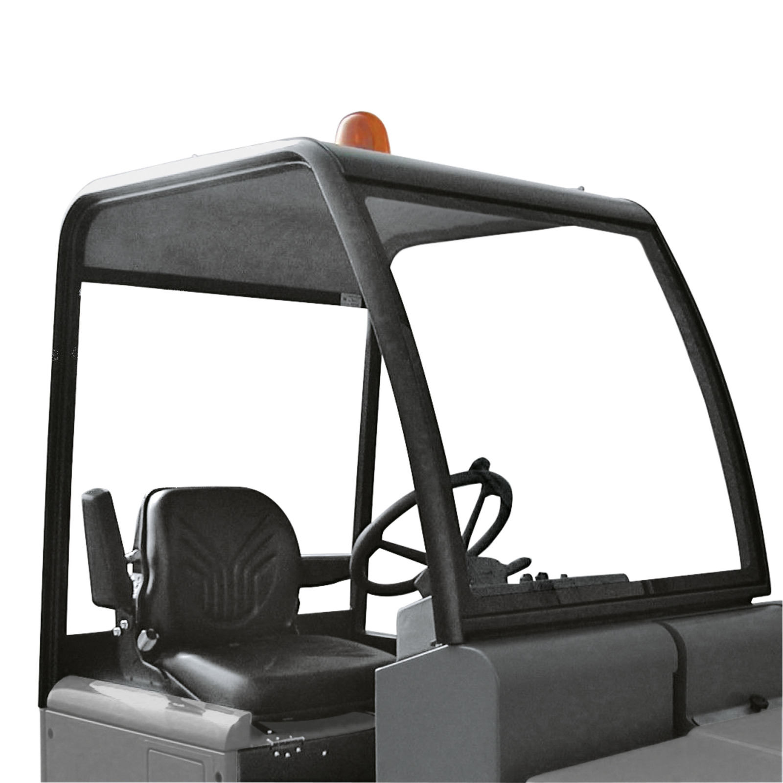 Cab of a vehicle with a black seat, steering wheel, and orange warning light on top.