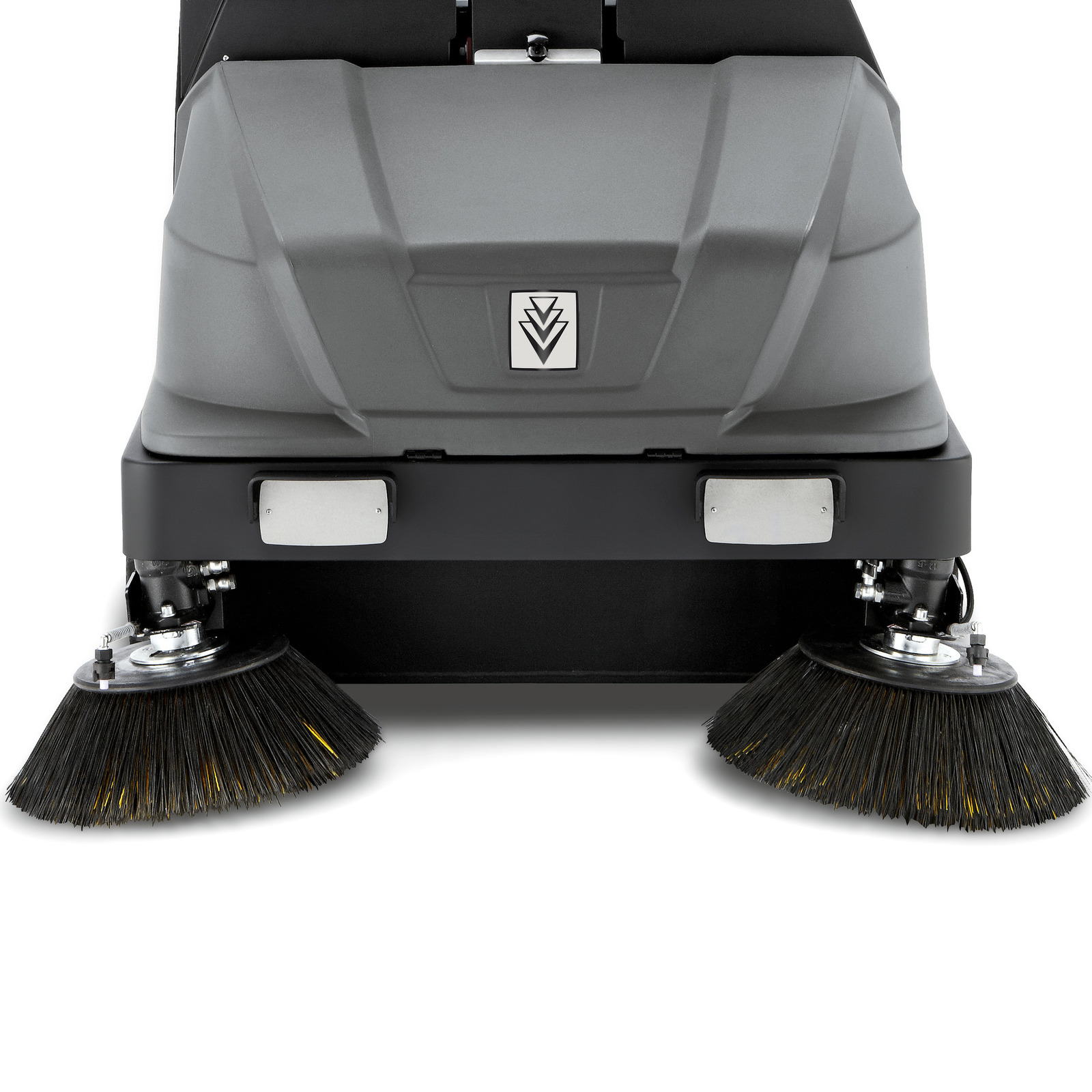 Front view of a Kärcher floor sweeper with two rotating brushes and a grey body featuring the Kärcher logo. Front view of a Kärcher floor sweeper with two rotating brushes and a grey body featuring the Kärcher logo.