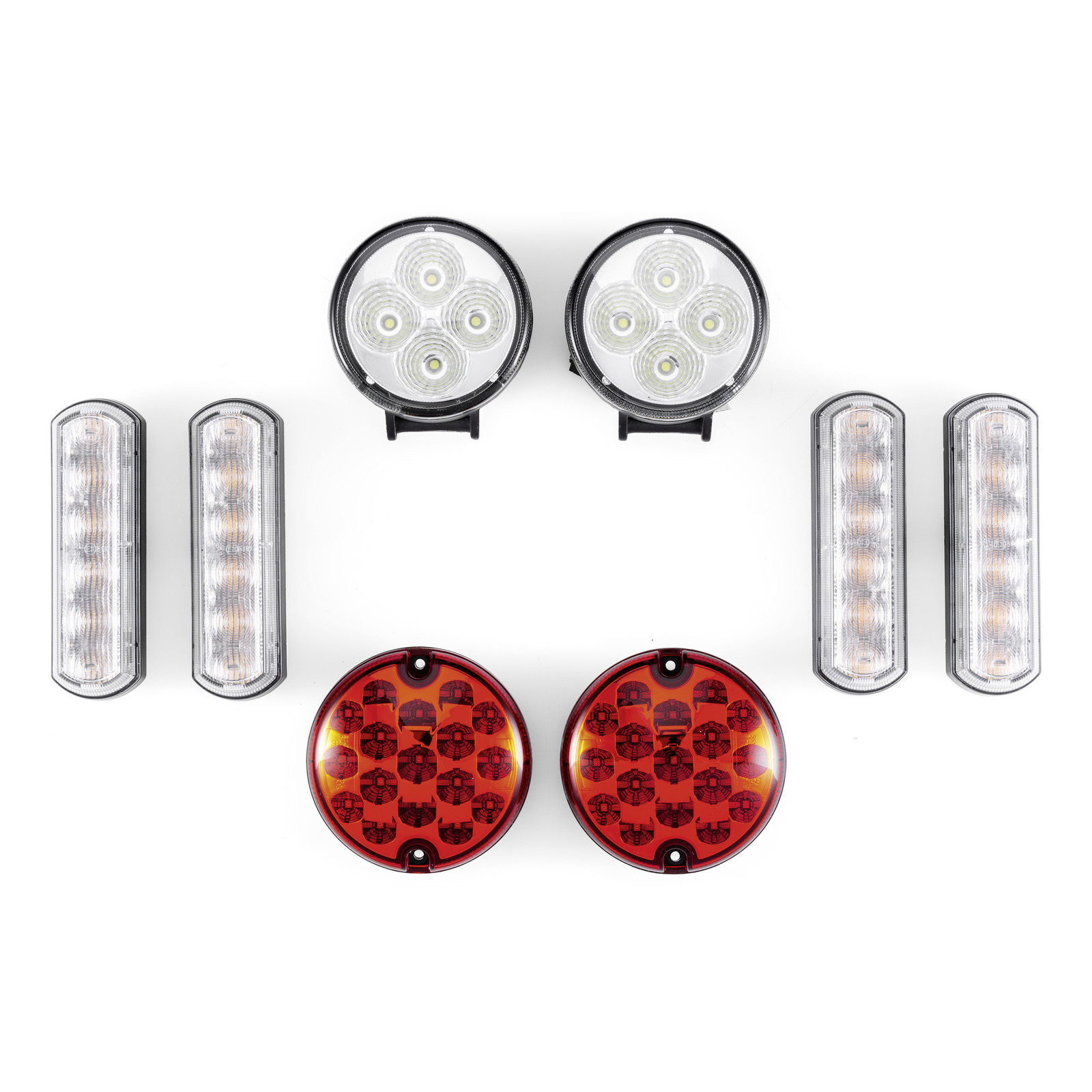 Two round LED headlights, four rectangular LED lights, and two round red tail lights arranged on a white background. Two round LED headlights, four rectangular LED lights, and two round red tail lights arranged on a white background.