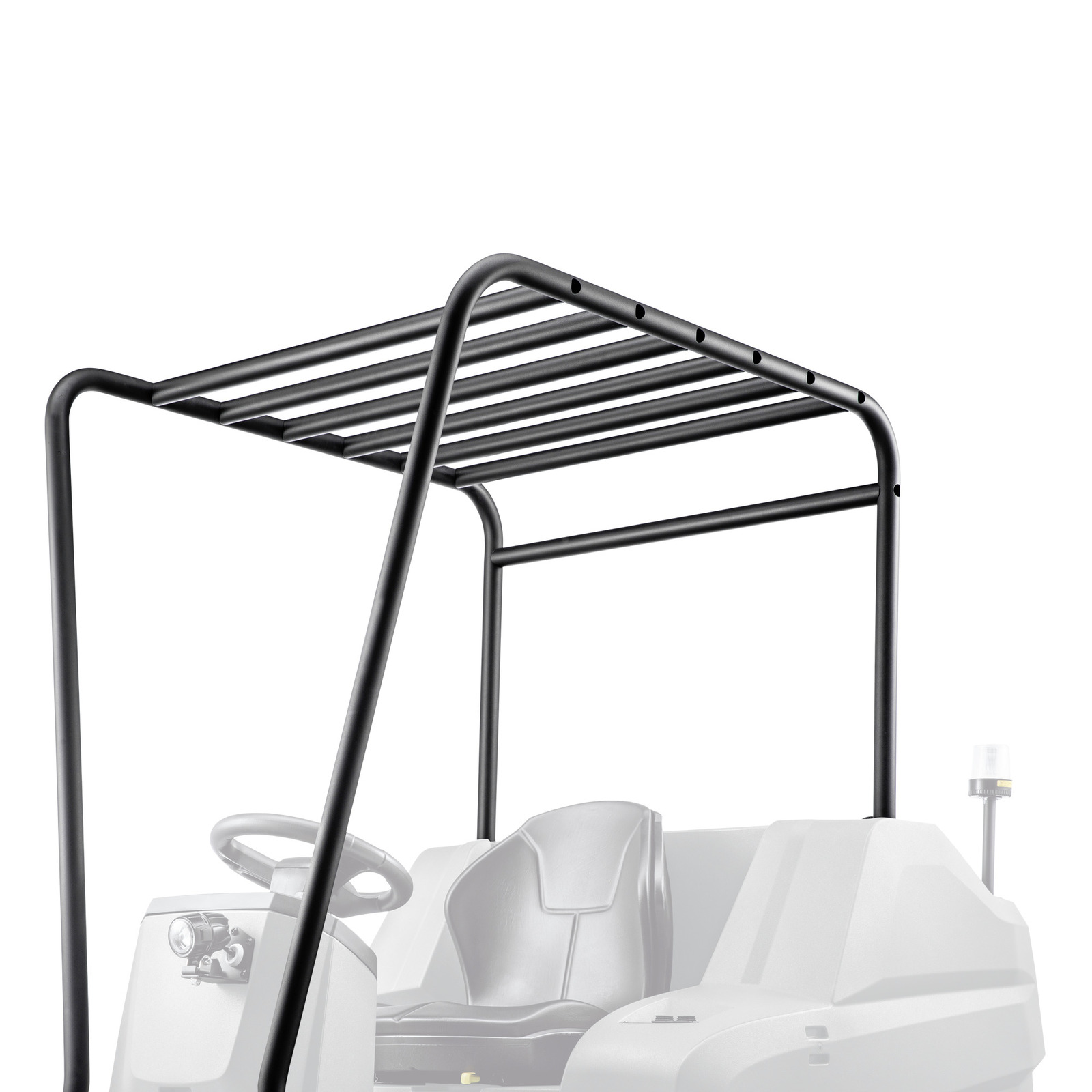 Black metal frame structure with horizontal bars, partially covering a grey vehicle with a steering wheel and seat. Black metal frame structure with horizontal bars, partially covering a grey vehicle with a steering wheel and seat.