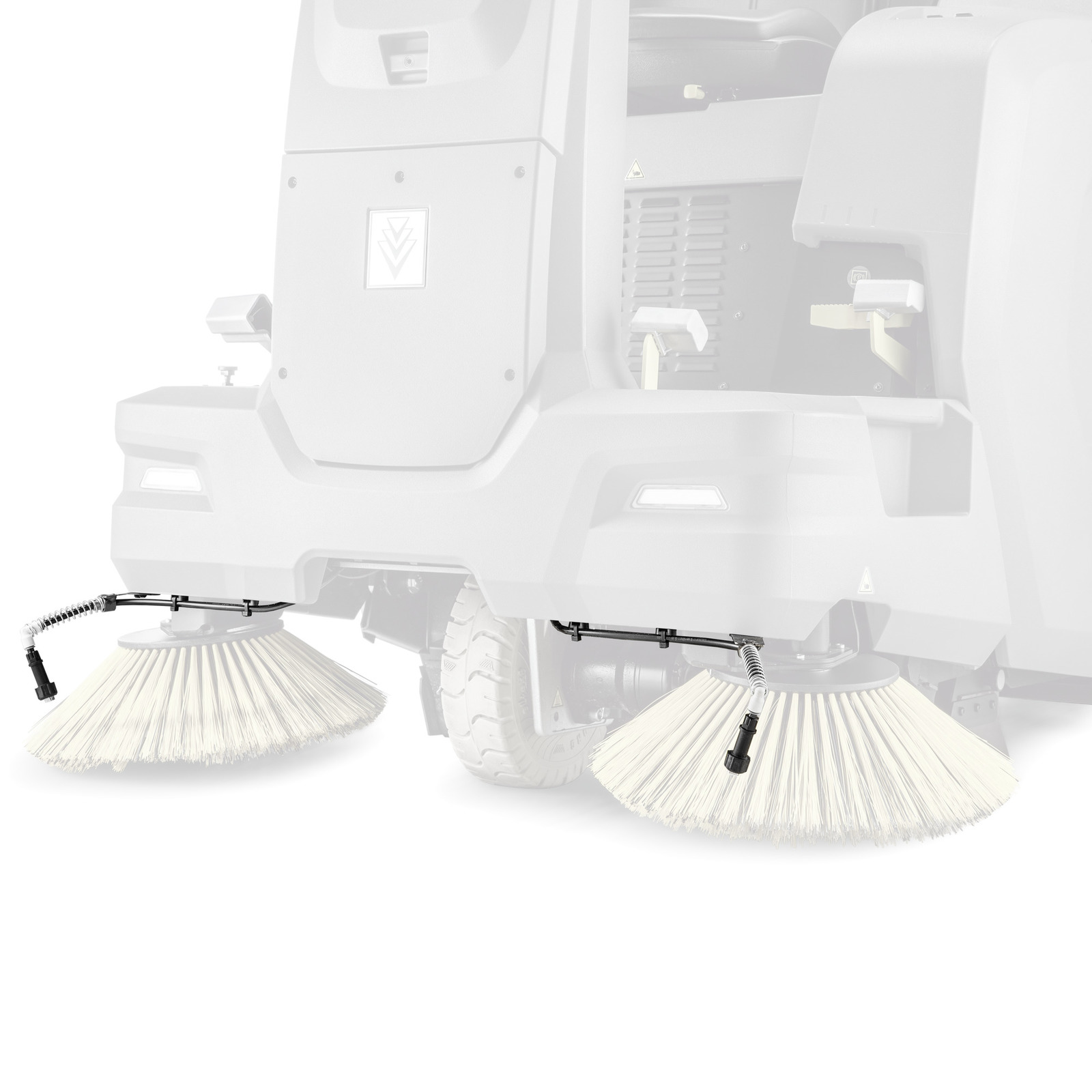 Kärcher industrial sweeper with two circular brushes, partially visible, showing the front section and wheels.