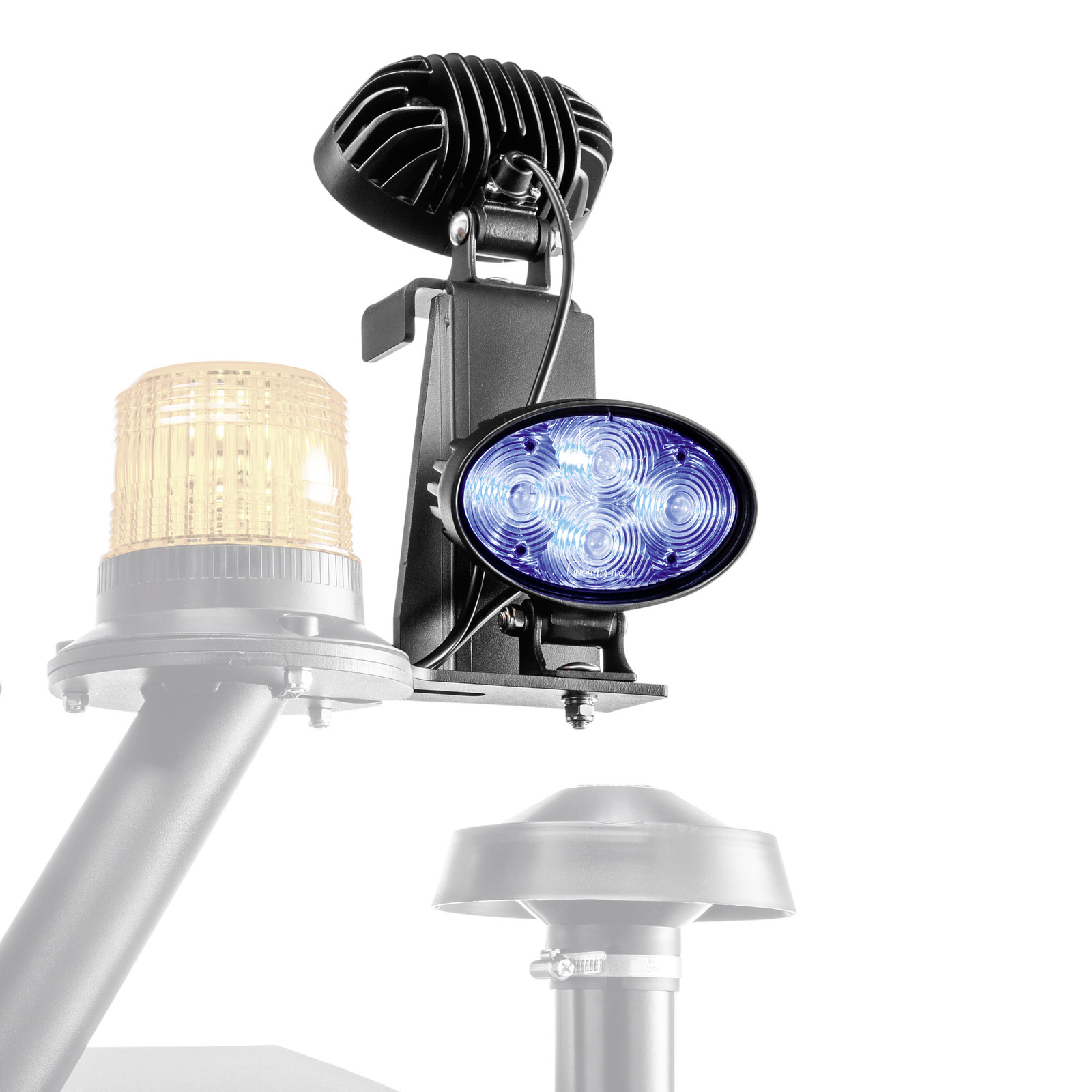 Amber beacon light and blue LED spotlight mounted on a black bracket, with a grey dome-shaped fixture below. Amber beacon light and blue LED spotlight mounted on a black bracket, with a grey dome-shaped fixture below.