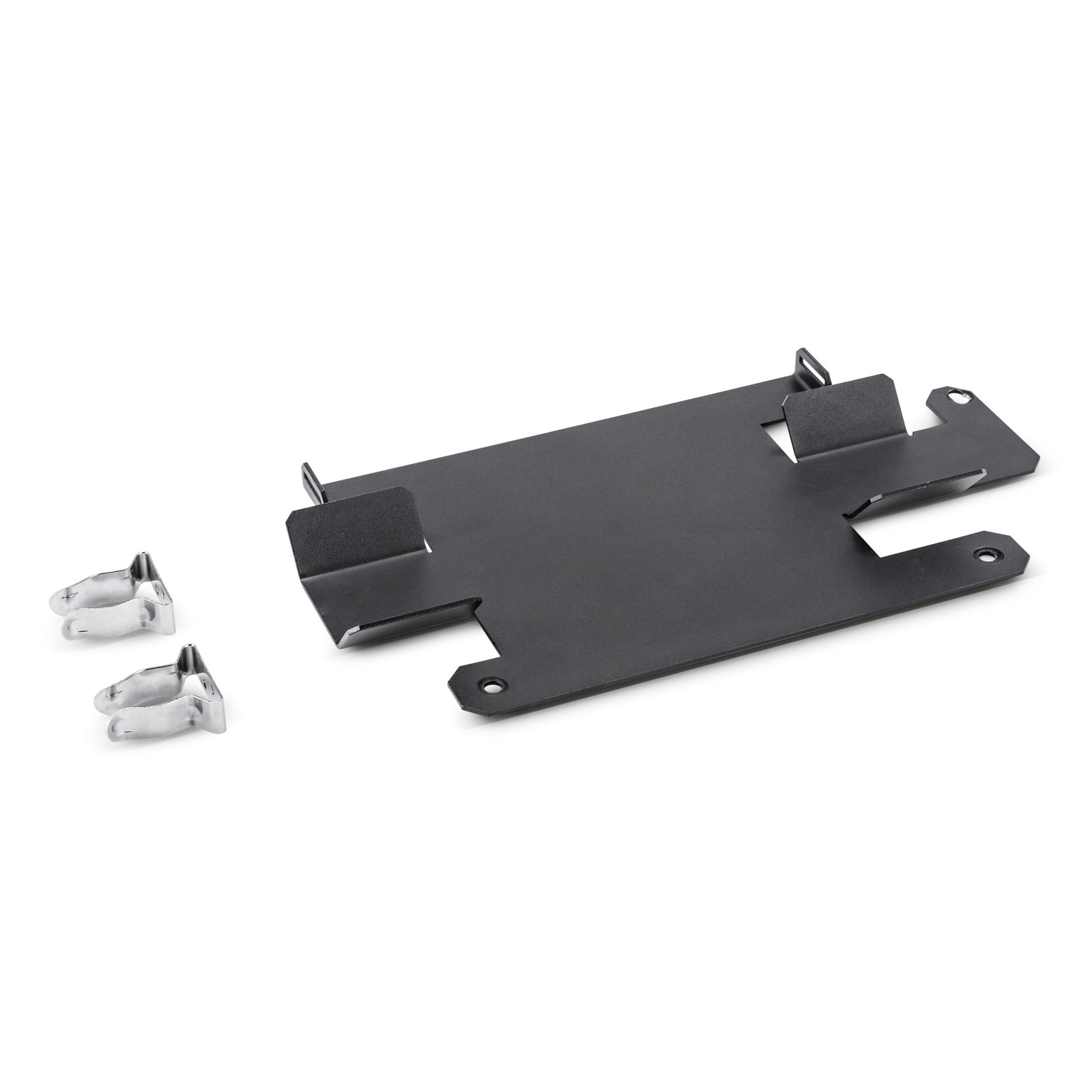 Black metal mounting plate with two silver brackets on a white background.