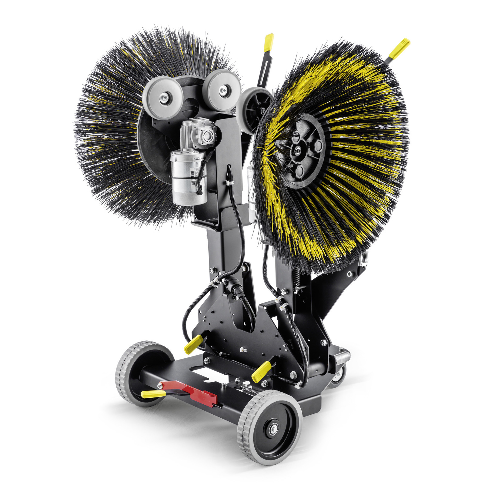 Kärcher street sweeper with dual rotating brushes, mounted on a wheeled base, featuring yellow and black bristles.
