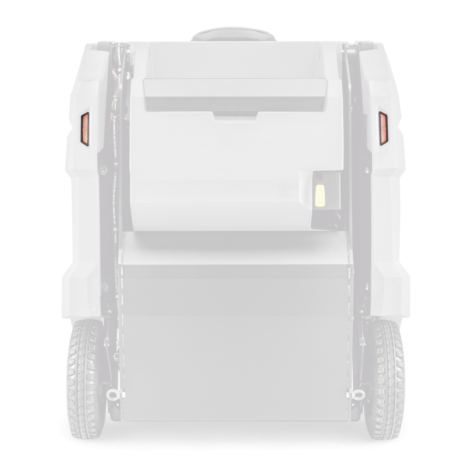 Kärcher floor scrubber viewed from the rear, showing wheels and control panel.