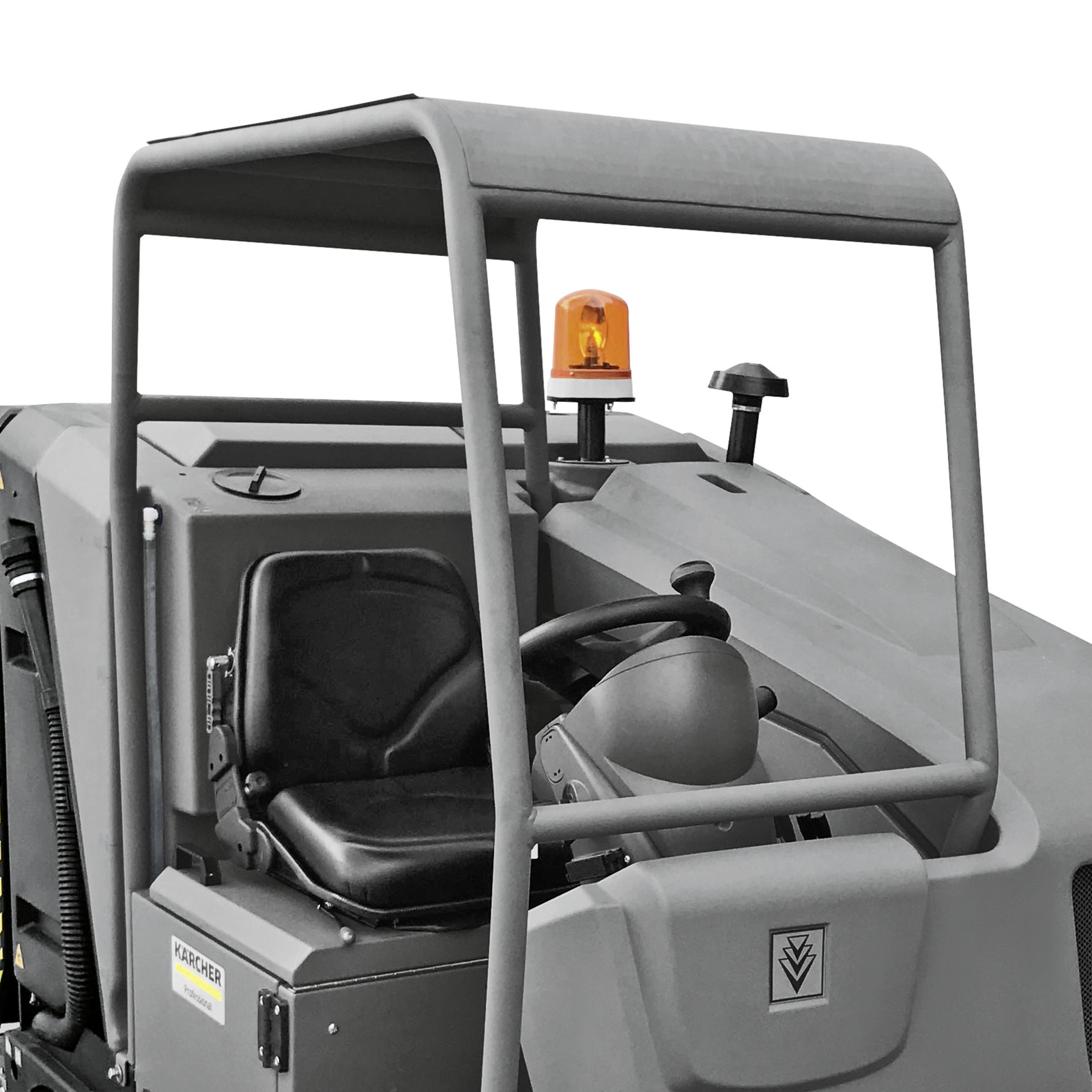 Kärcher industrial vehicle cockpit with steering wheel, black seat, and orange warning light on top. Kärcher industrial vehicle cockpit with steering wheel, black seat, and orange warning light on top.