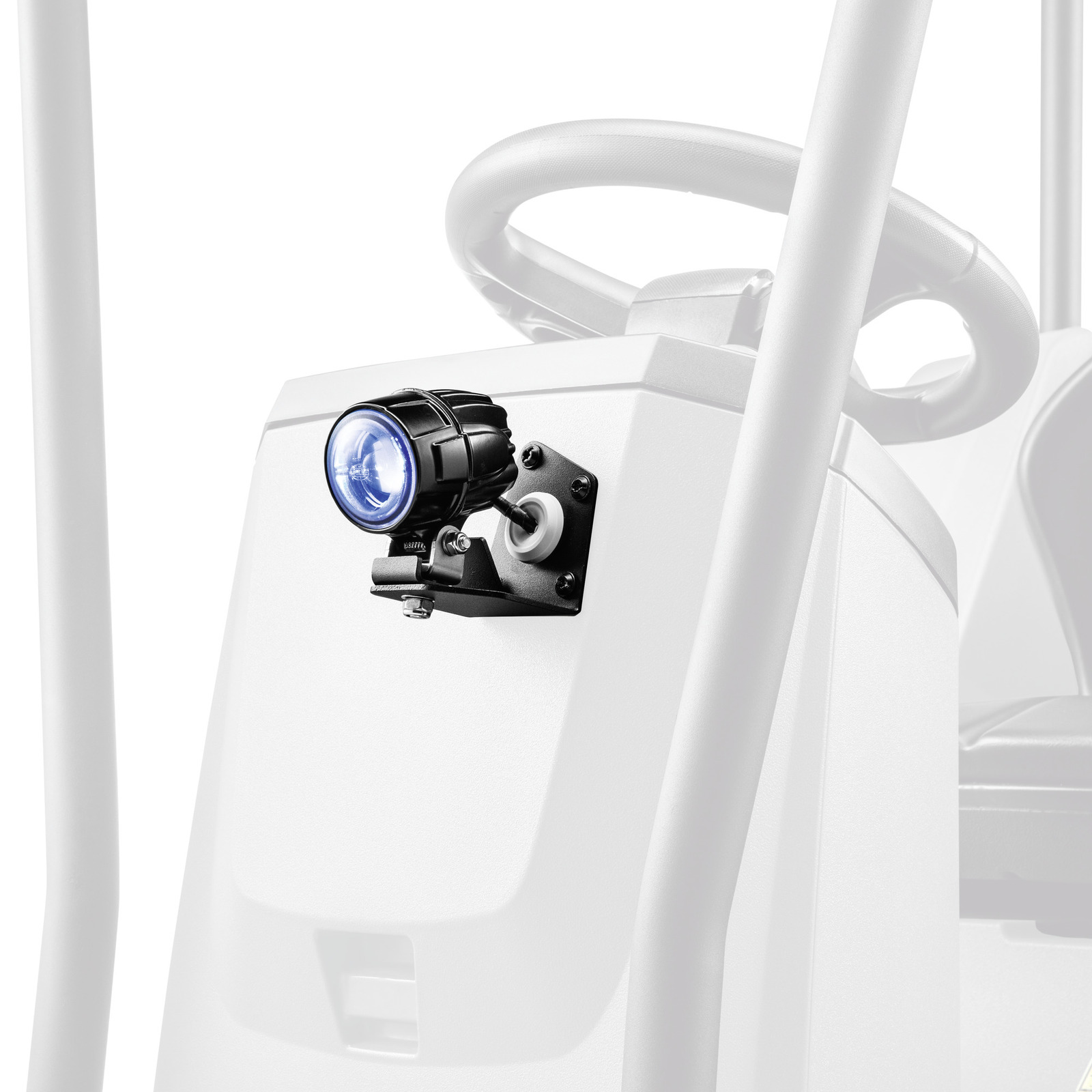Close-up of a mounted blue LED light on a white steering console, with a steering wheel visible in the background.