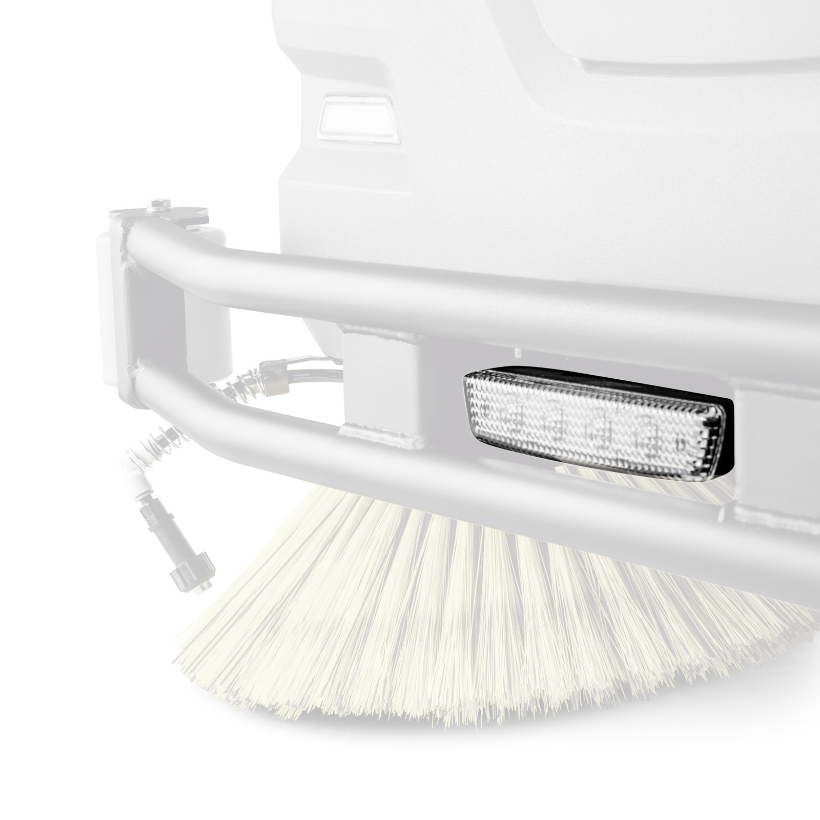 Close-up of a vehicle's bumper with a mounted LED light and a visible circular brush underneath. Close-up of a vehicle's bumper with a mounted LED light and a visible circular brush underneath.