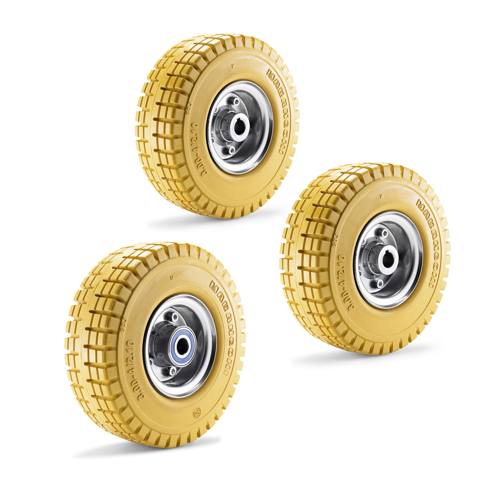 Three yellow Kärcher wheels with metal hubs and treaded tyres, arranged diagonally on a white background.