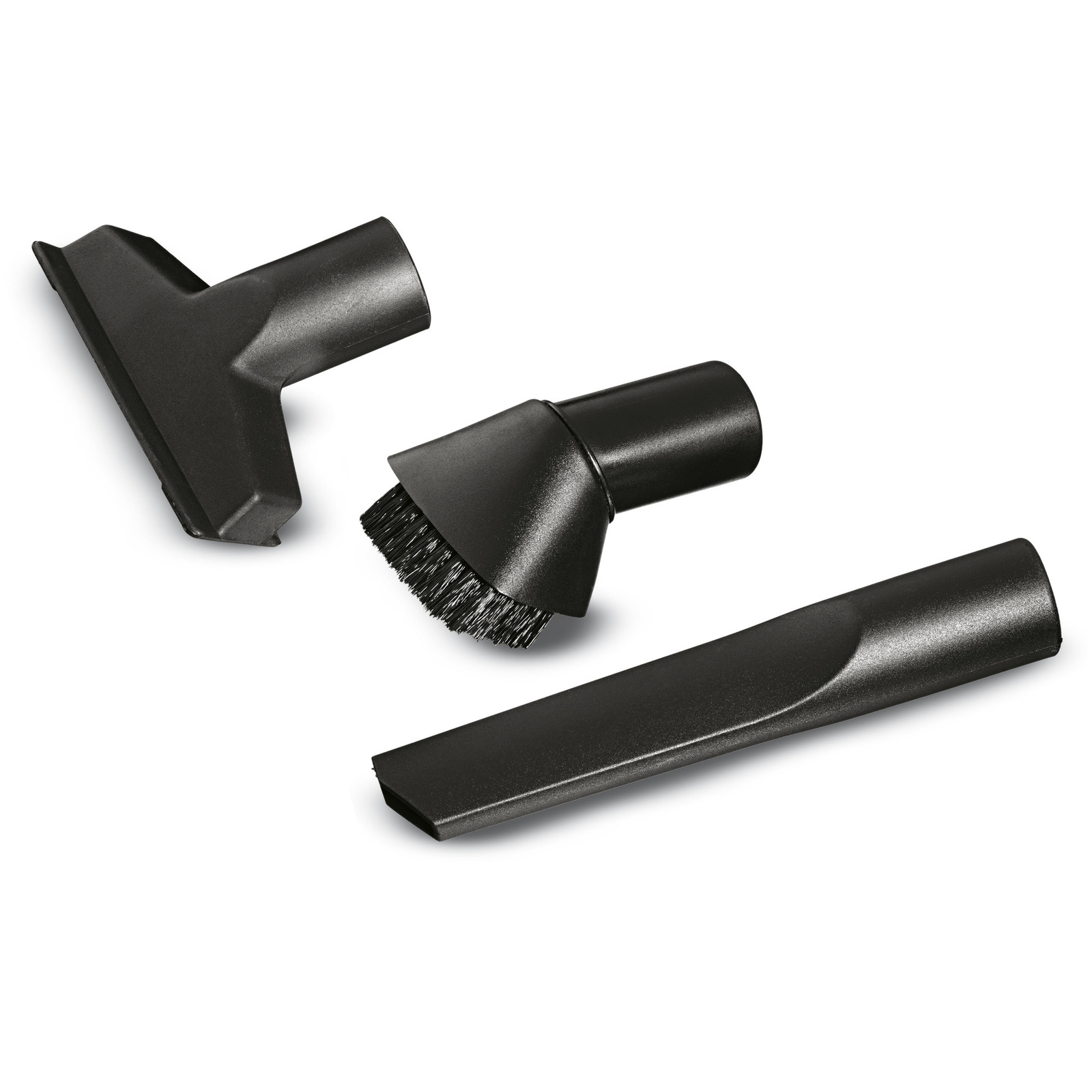 Three black Kärcher vacuum cleaner attachments: a flat nozzle, a round brush, and a narrow crevice tool, arranged on a white background. Three black Kärcher vacuum cleaner attachments: a flat nozzle, a round brush, and a narrow crevice tool, arranged on a white background.