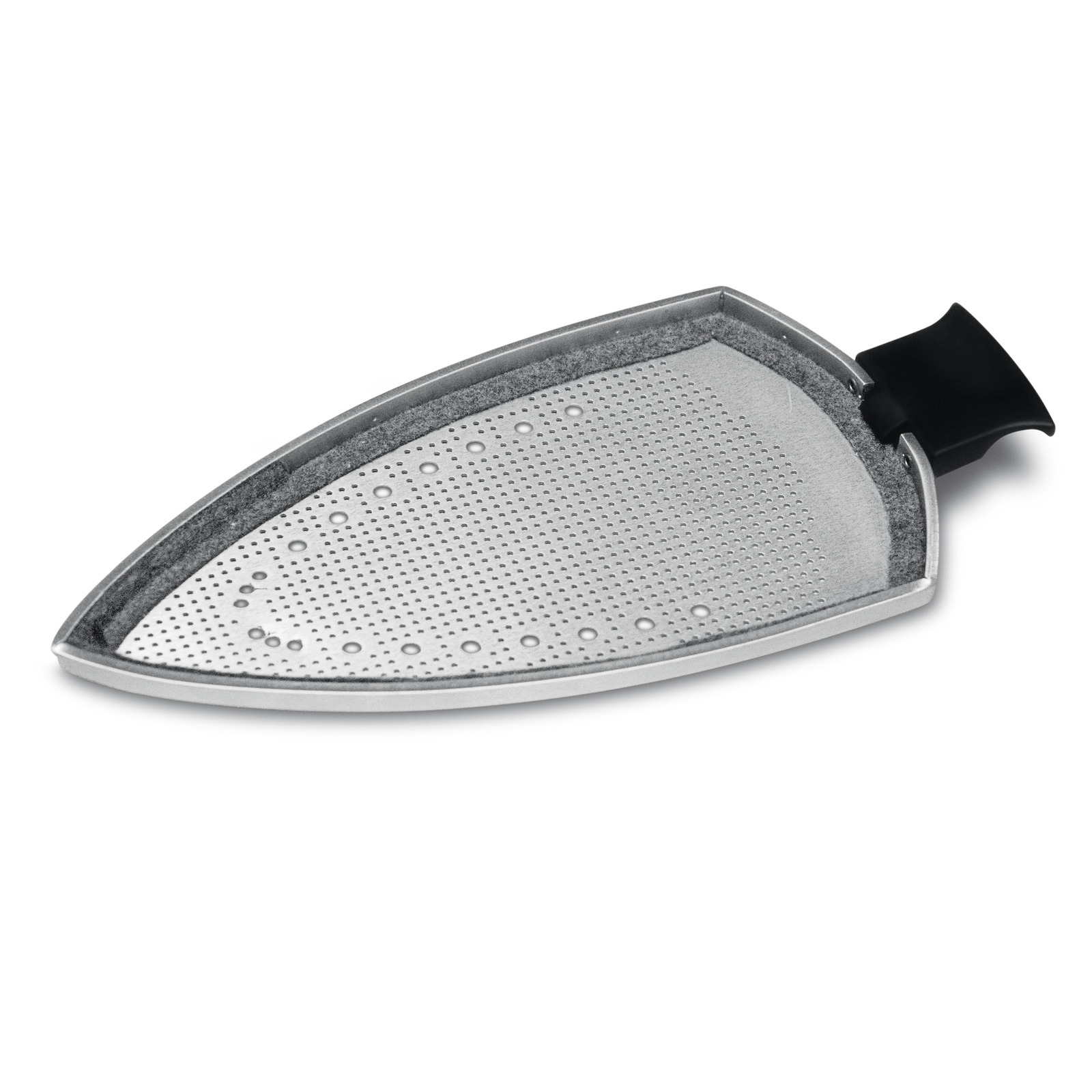 Iron soleplate with perforated design and black handle, isolated on a white background. Iron soleplate with perforated design and black handle, isolated on a white background.