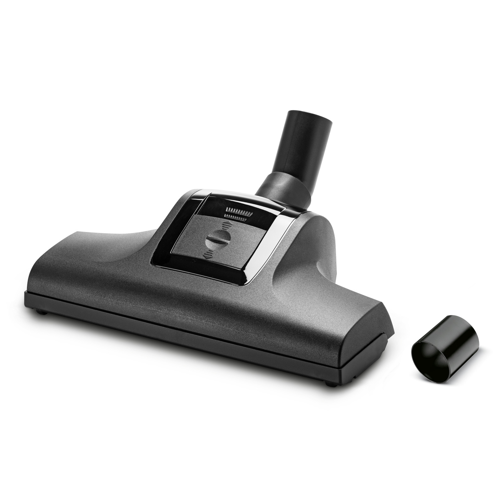 Kärcher vacuum cleaner floor tool in dark grey with a smaller black nozzle, presented on a white background. Kärcher vacuum cleaner floor tool in dark grey with a smaller black nozzle, presented on a white background.