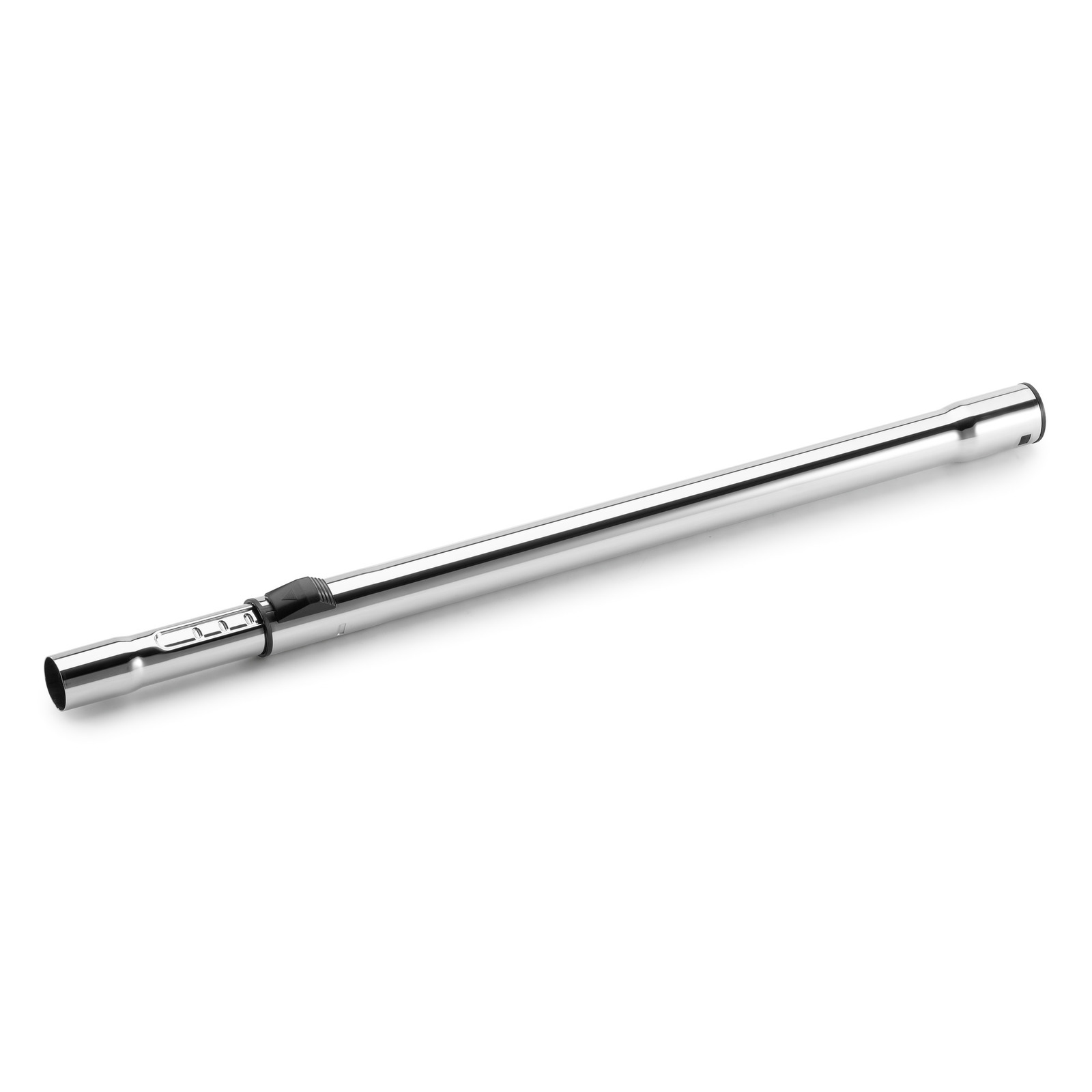 Chrome extension tube with adjustable length, featuring a black locking mechanism, isolated on a white background. Chrome extension tube with adjustable length, featuring a black locking mechanism, isolated on a white background.