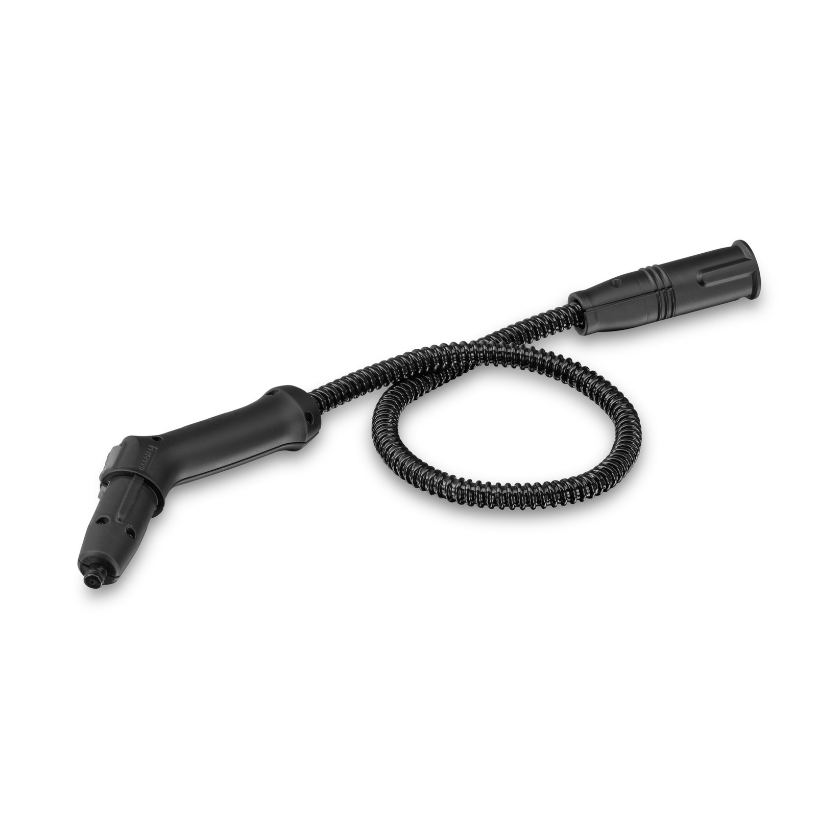 Black Kärcher steam cleaner extension hose with a coiled design on a white background.