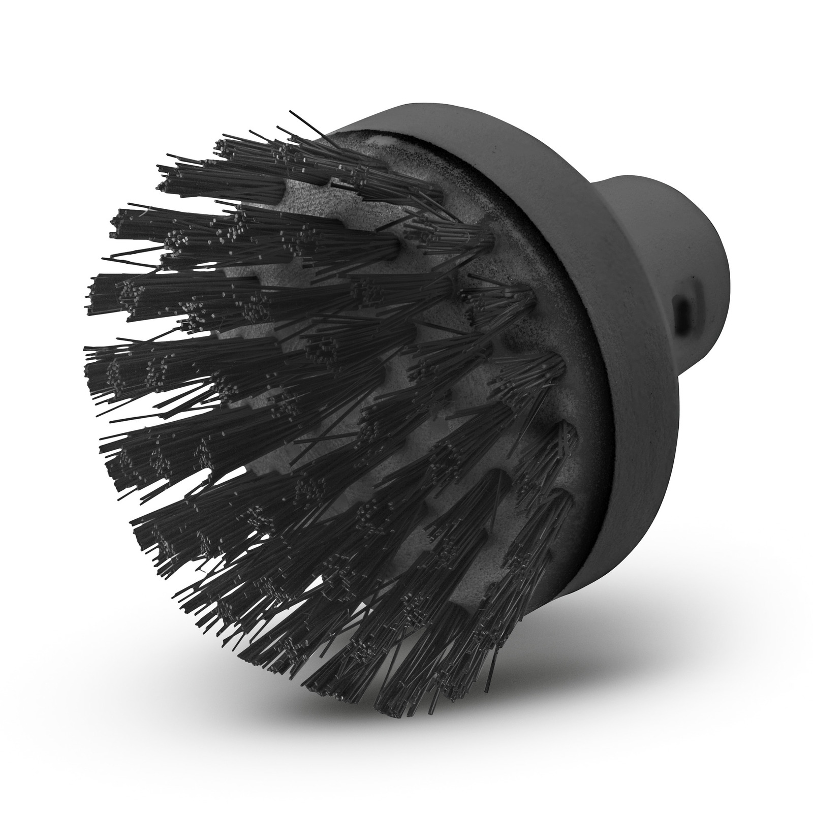 Black round brush attachment with dense bristles, designed for cleaning tasks.