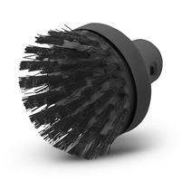 Black round brush attachment with dense bristles, designed for cleaning tasks.