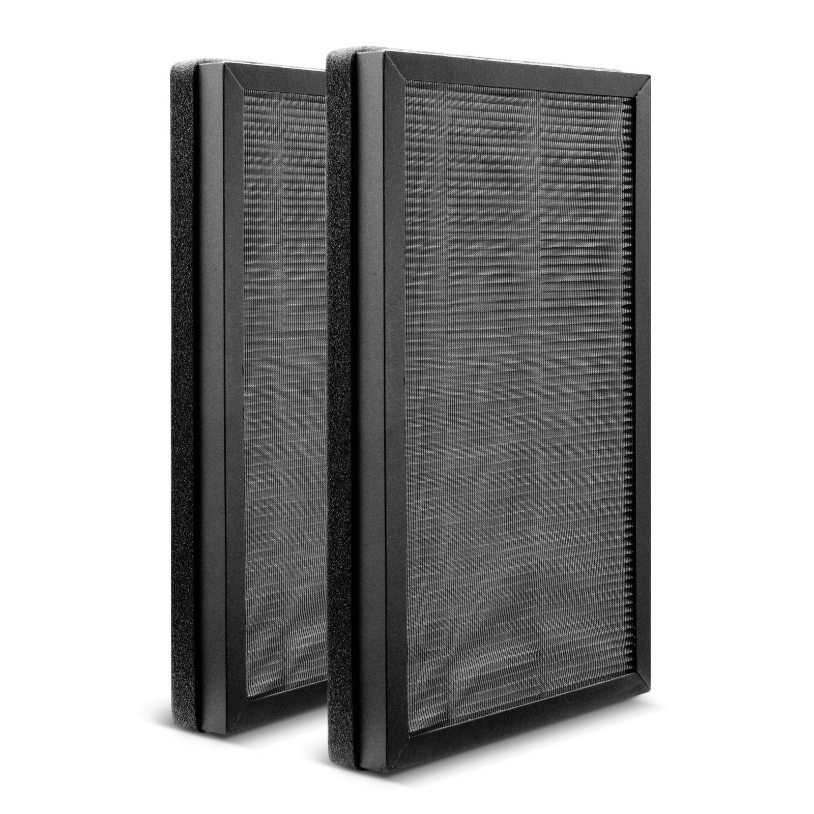 Two black rectangular air filters with mesh surfaces, standing upright on a white background.