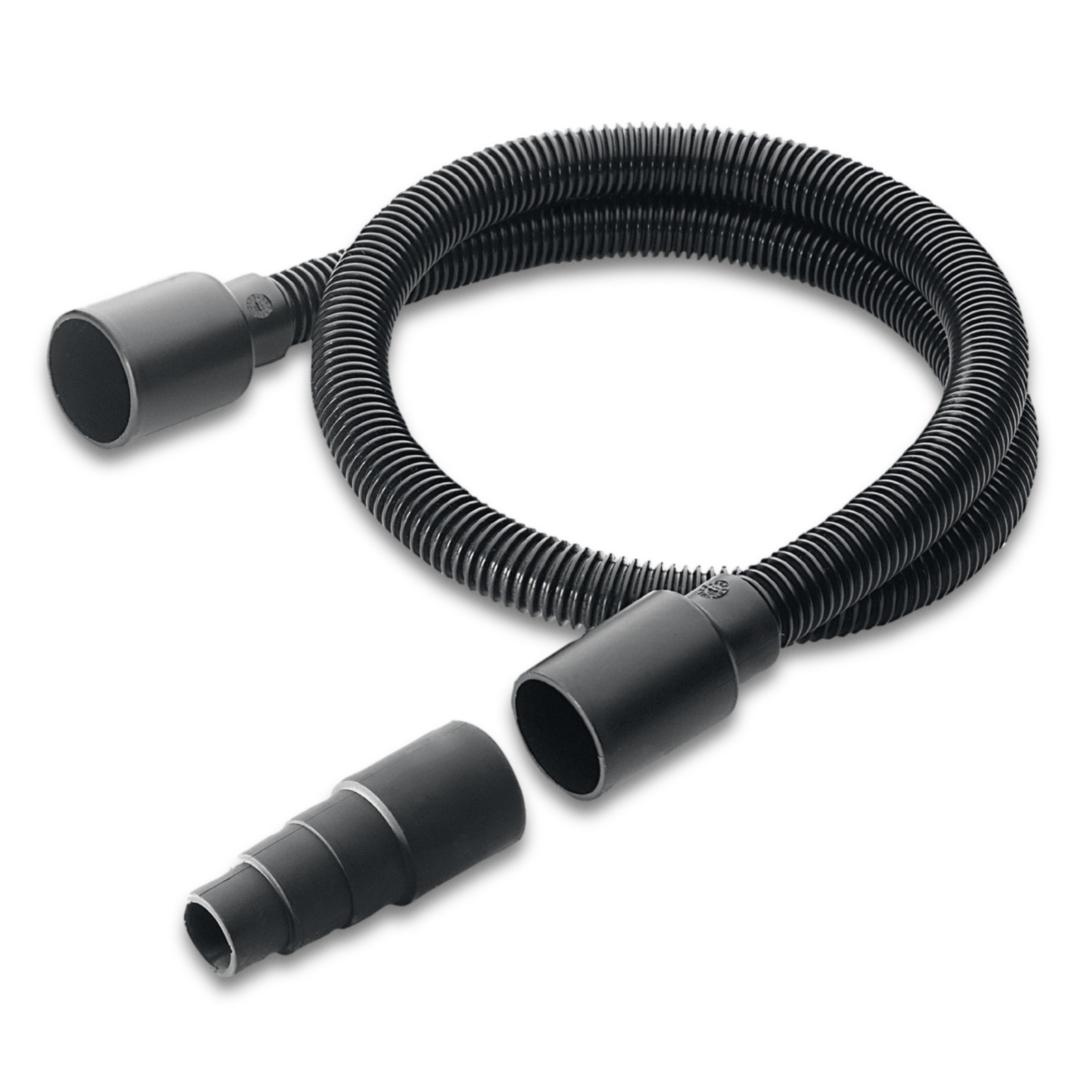 Black Kärcher vacuum cleaner hose with connectors on a white background.