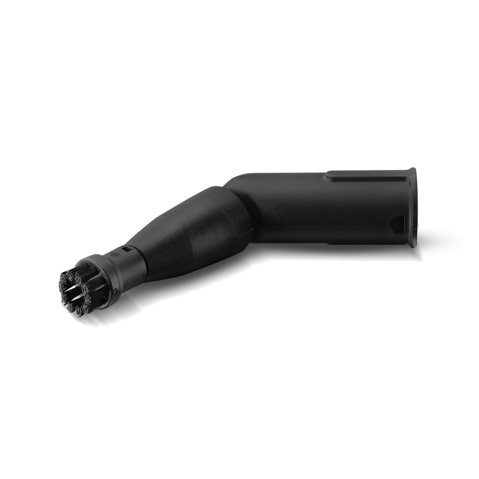 Black Kärcher steam cleaner nozzle with bristle brush attachment, angled design, isolated on white background. Black Kärcher steam cleaner nozzle with bristle brush attachment, angled design, isolated on white background.
