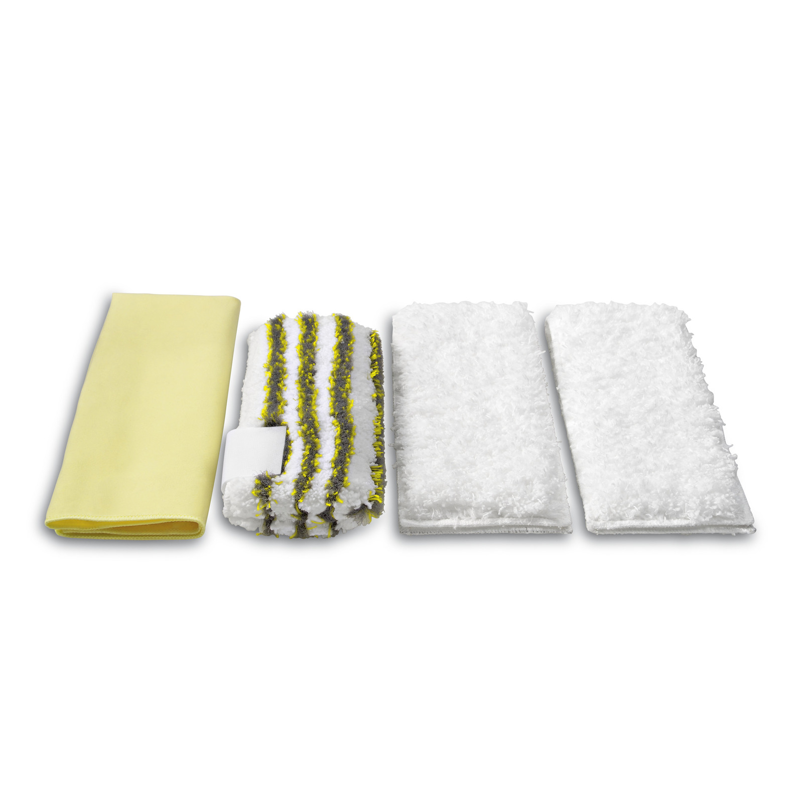 Yellow cloth, striped cleaning pad with grey and yellow stripes, and two white microfiber pads arranged side by side.