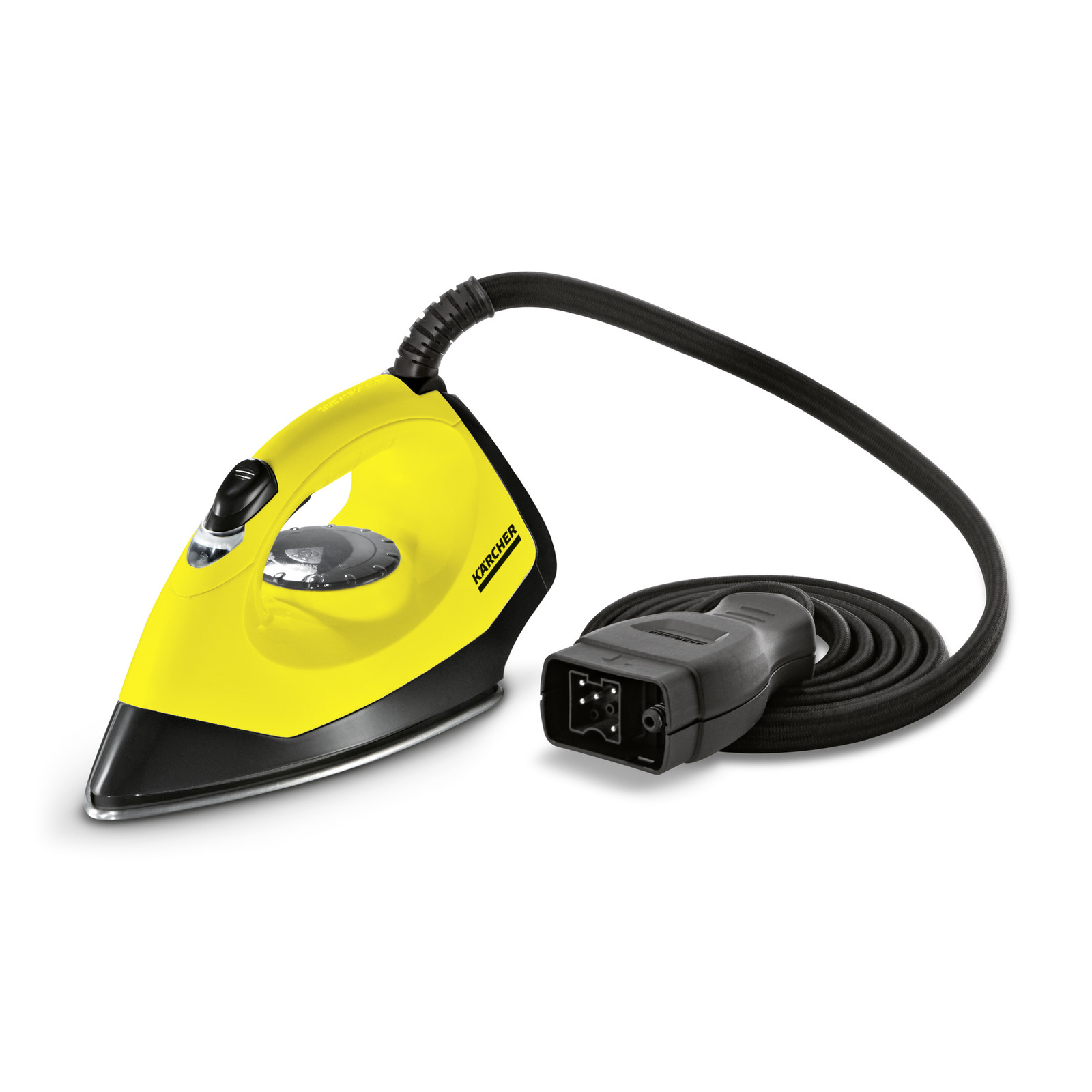 Yellow Kärcher steam iron with black handle and power cord, featuring a dial for temperature control. Yellow Kärcher steam iron with black handle and power cord, featuring a dial for temperature control.