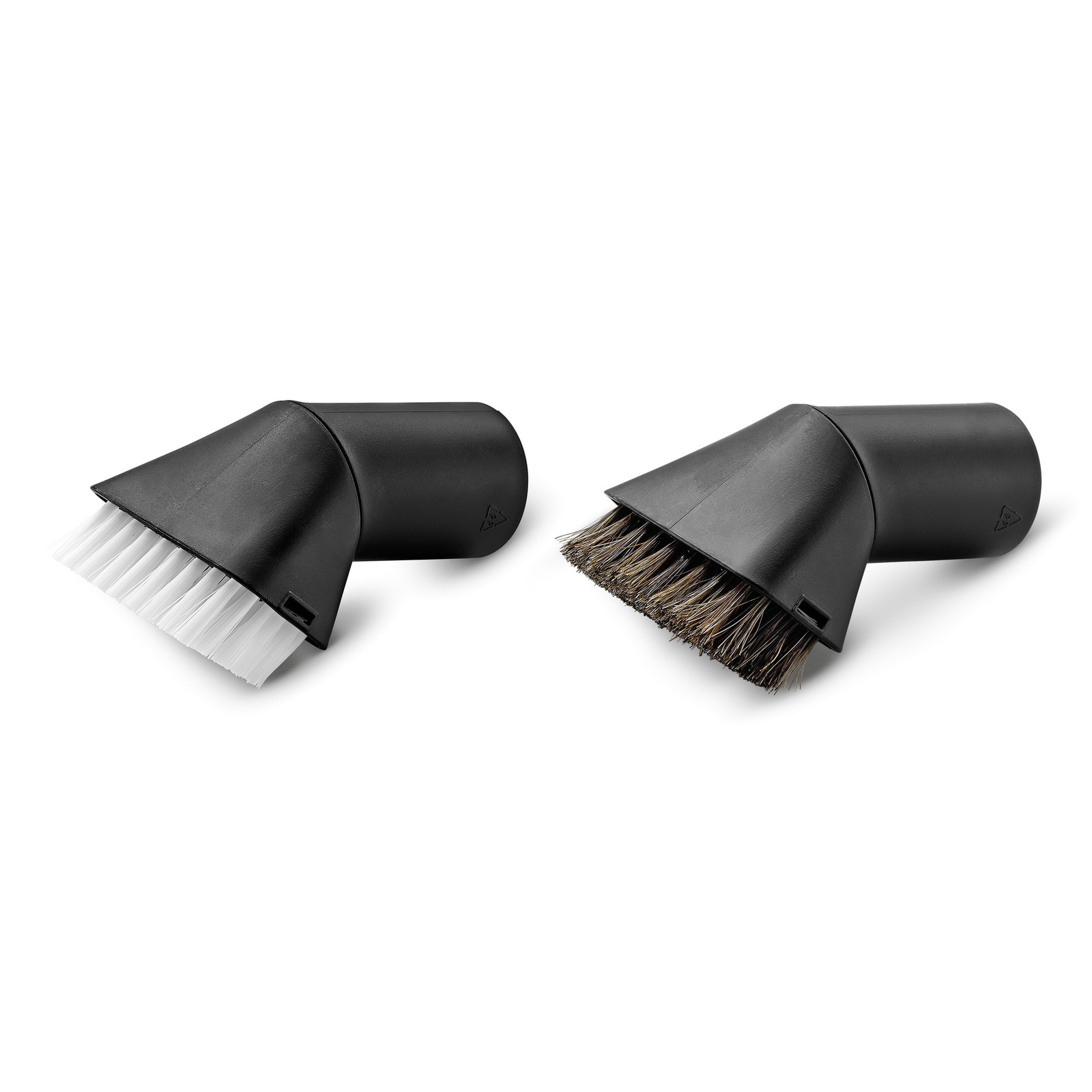 Two Kärcher vacuum cleaner brush attachments, one with white bristles and the other with brown bristles, on a white background. Two Kärcher vacuum cleaner brush attachments, one with white bristles and the other with brown bristles, on a white background.