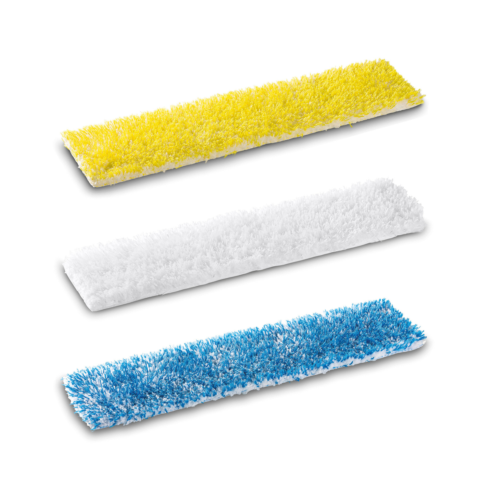 Three rectangular cleaning pads in yellow, white, and blue, arranged horizontally on a white background. Three rectangular cleaning pads in yellow, white, and blue, arranged horizontally on a white background.