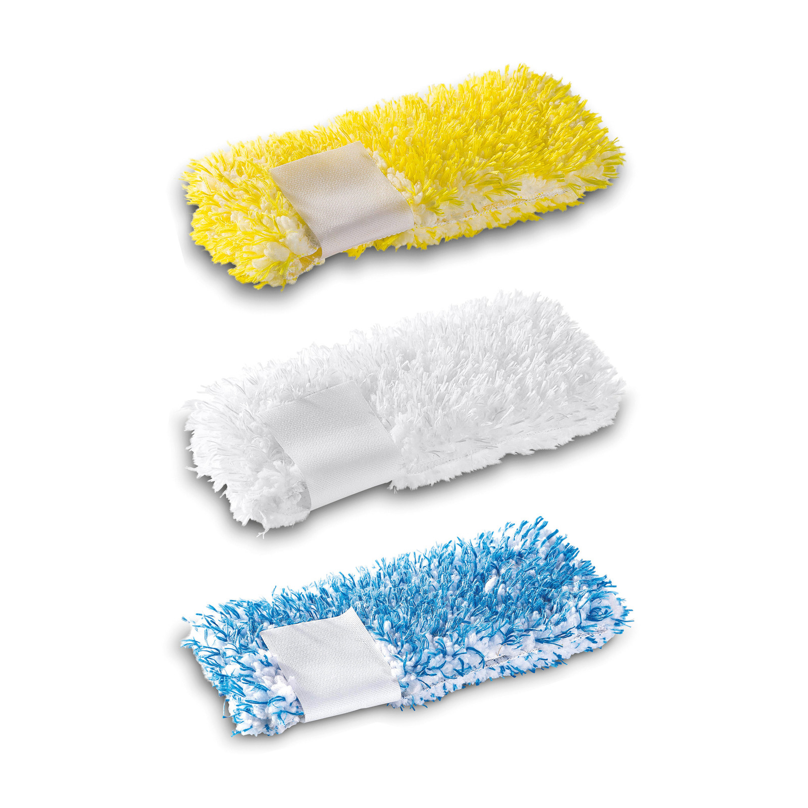 Three rectangular microfibre cloths in yellow, white, and blue, each with a white strap across the middle. Three rectangular microfibre cloths in yellow, white, and blue, each with a white strap across the middle.