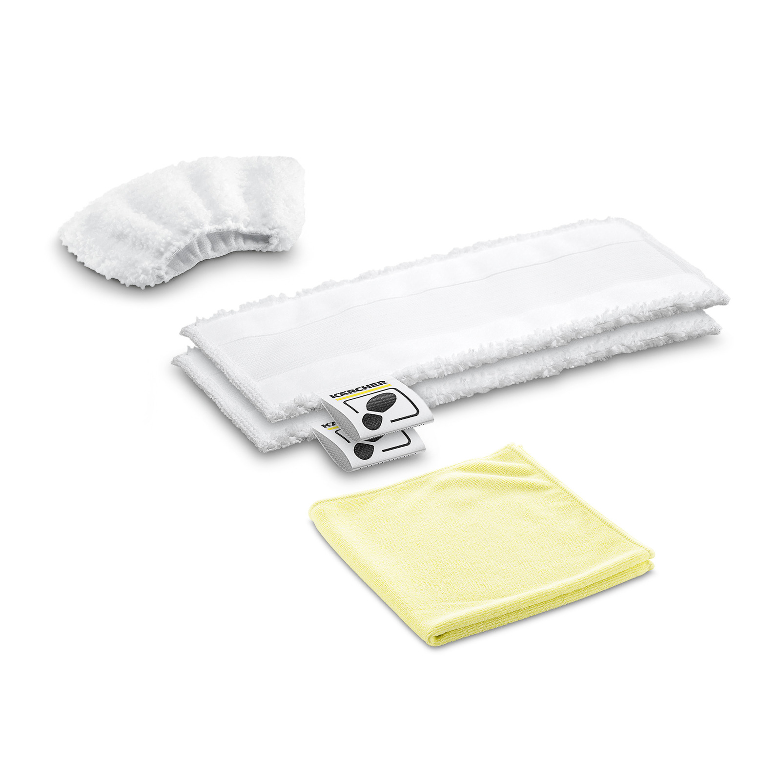White Kärcher cleaning cloths and a yellow microfiber cloth on a white background. White Kärcher cleaning cloths and a yellow microfiber cloth on a white background.
