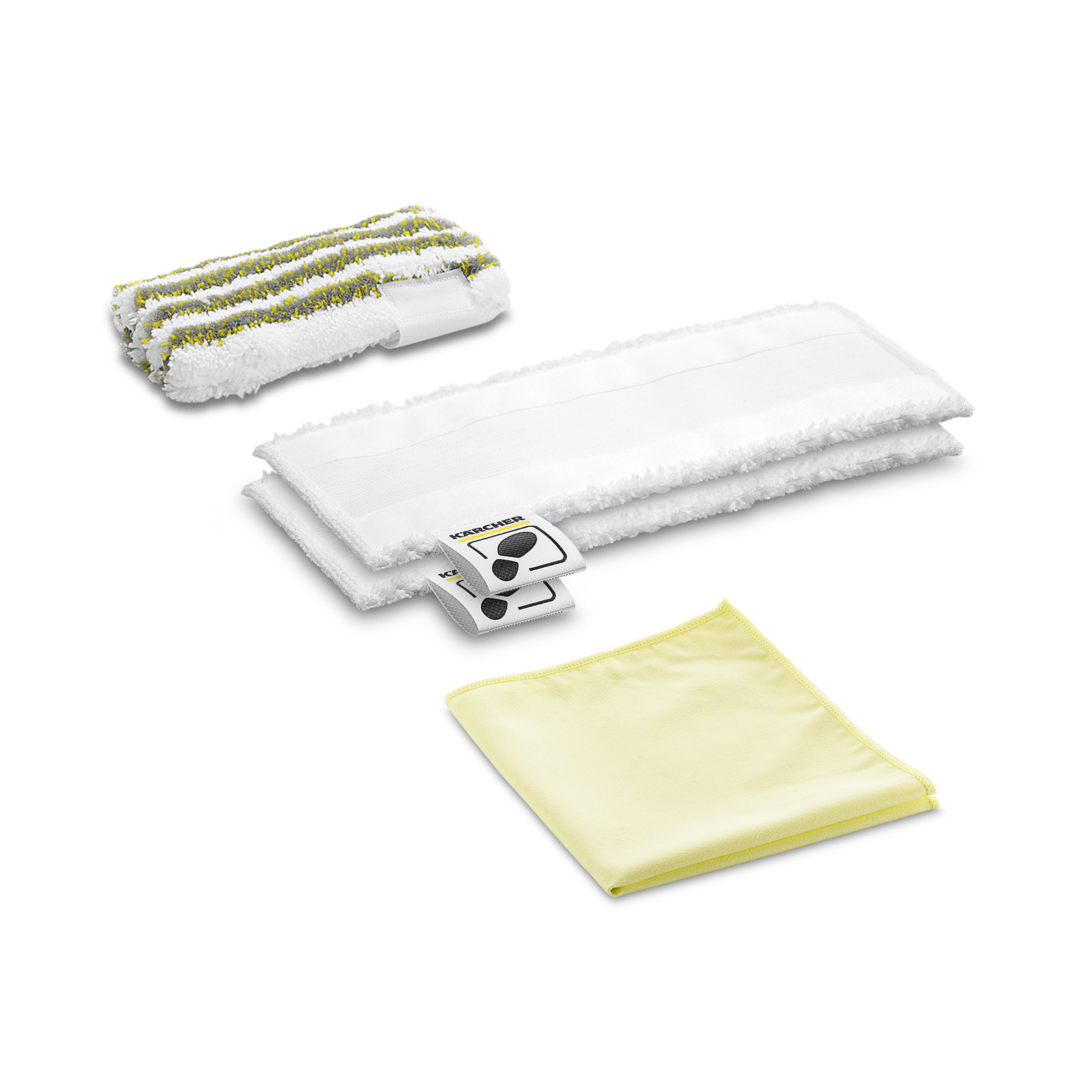 Three Kärcher cleaning cloths, including a striped pad, a white pad, and a yellow microfiber cloth, arranged on a white background. Three Kärcher cleaning cloths, including a striped pad, a white pad, and a yellow microfiber cloth, arranged on a white background.