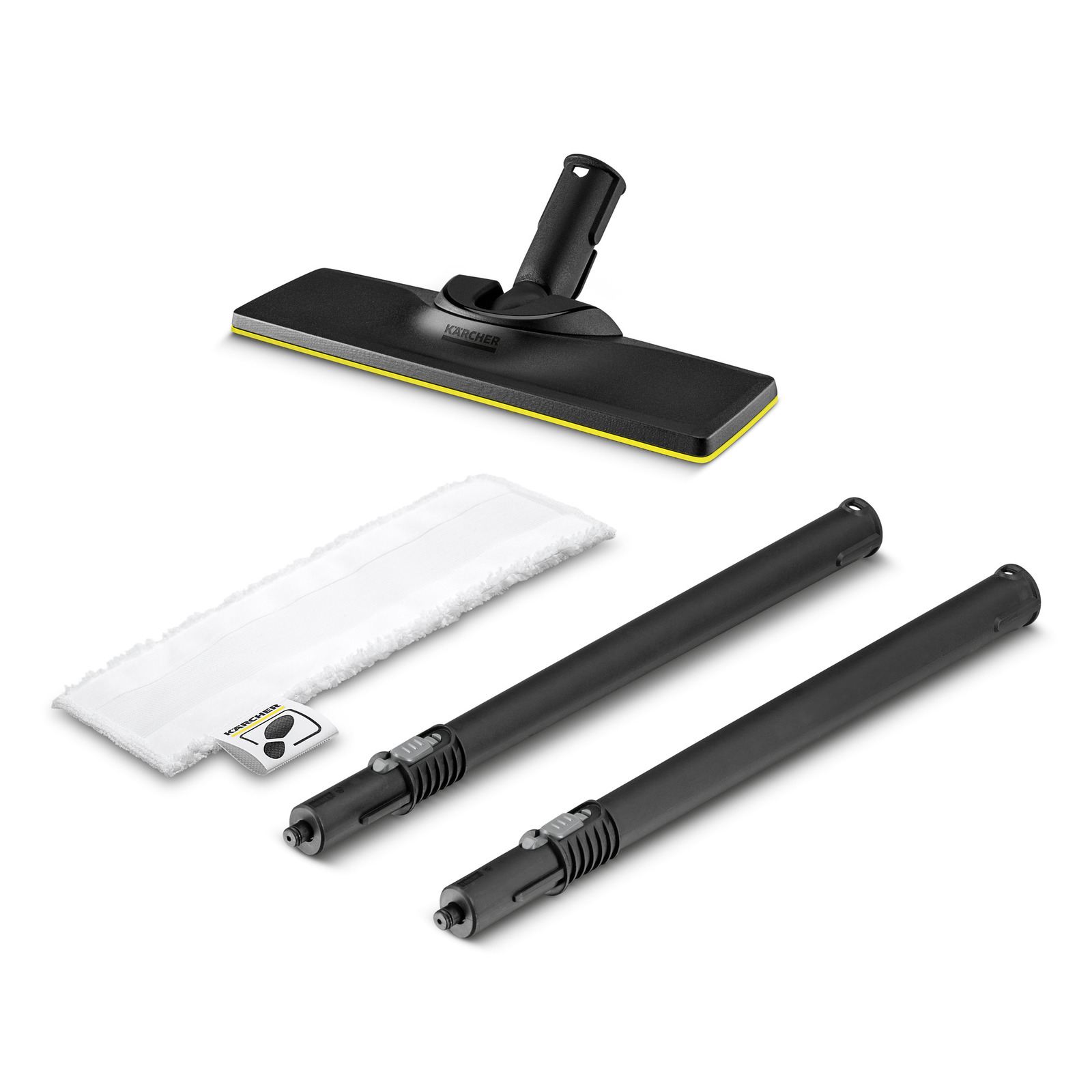 Kärcher window vac accessories including a cleaning head, two extension poles, and a white cleaning pad. Kärcher window vac accessories including a cleaning head, two extension poles, and a white cleaning pad.