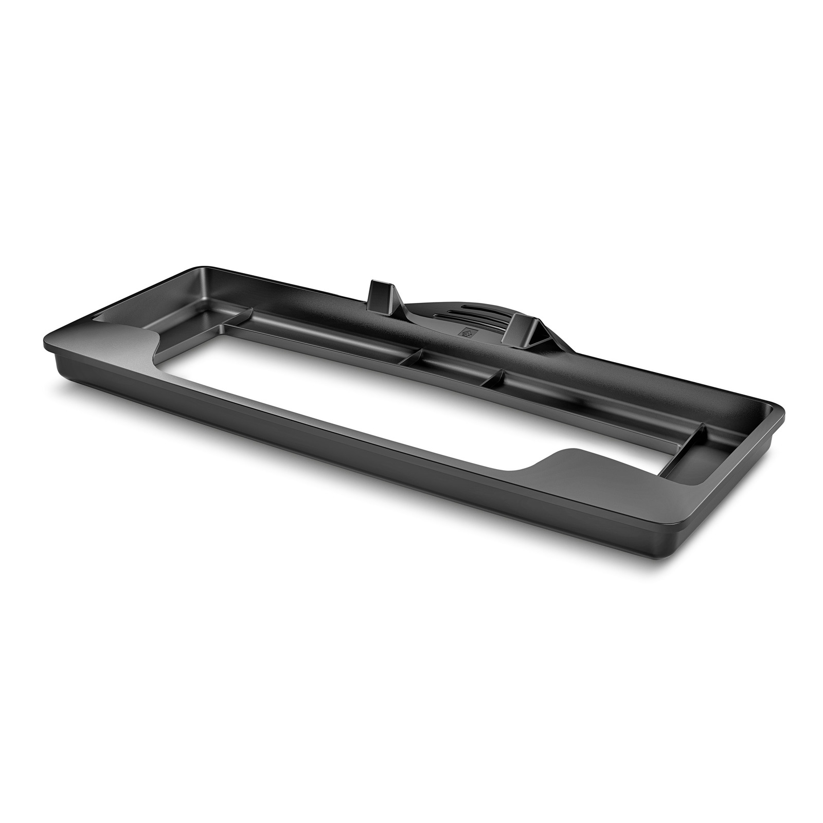 Black Kärcher accessory tray with a rectangular shape and raised edges, designed for holding tools or components. Black Kärcher accessory tray with a rectangular shape and raised edges, designed for holding tools or components.