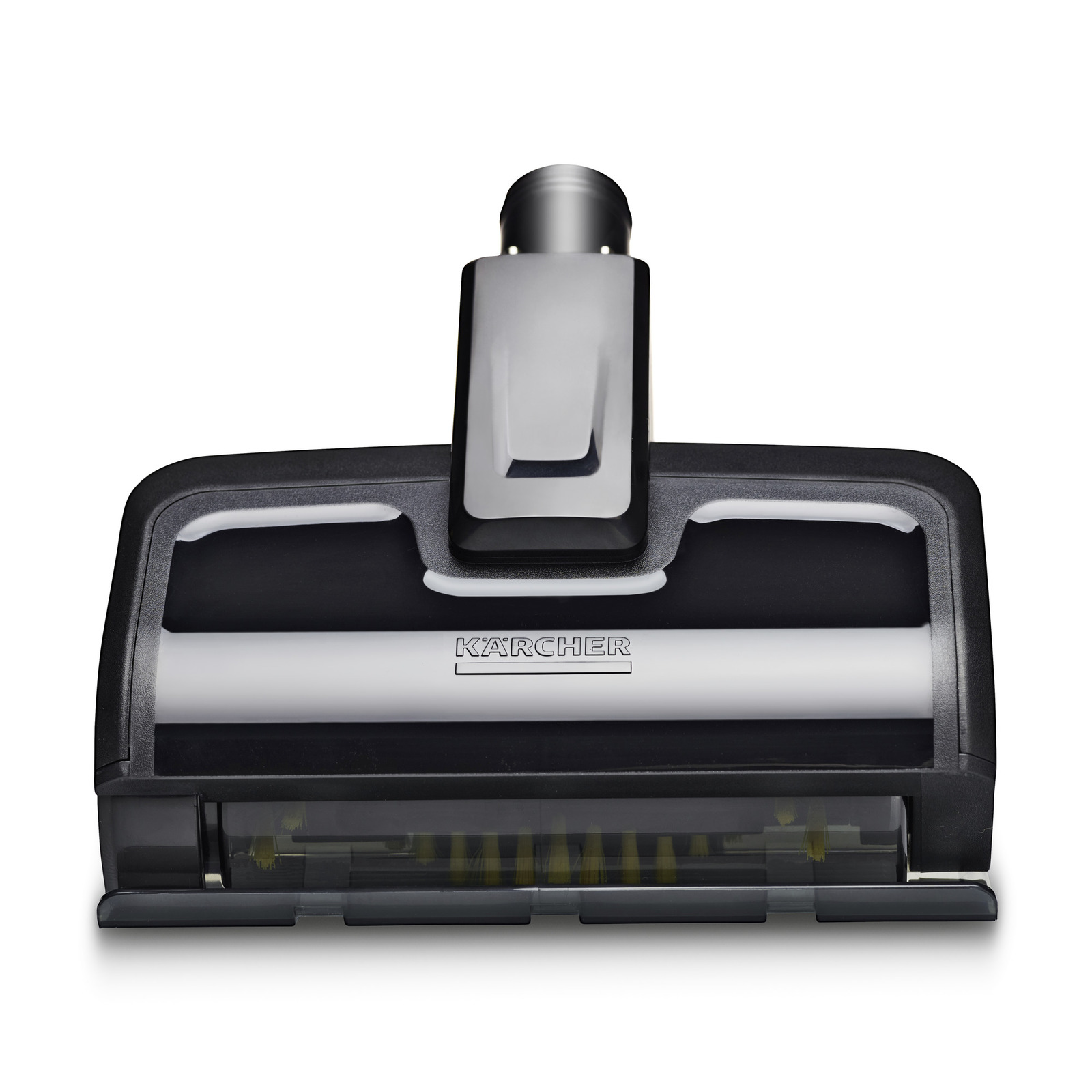 Kärcher vacuum cleaner head with black and silver design, featuring visible bristles underneath. Kärcher vacuum cleaner head with black and silver design, featuring visible bristles underneath.